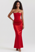 Red Strapless Corset Maxi Dress with Draped Satin Skirt - Front View