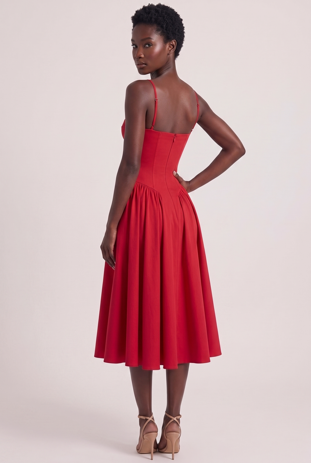 Red Twill Sweetheart Midi Dress with Pockets - Back View