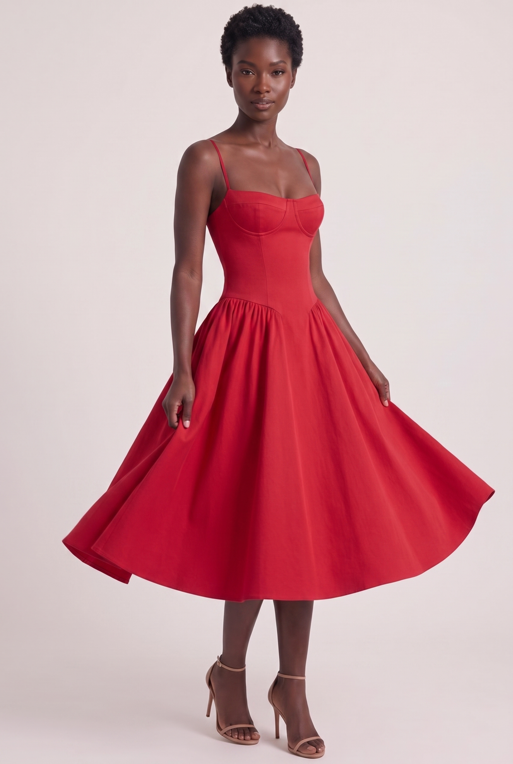 Red Twill Sweetheart Midi Dress with Pockets - Front View