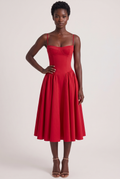 Red Twill Sweetheart Midi Dress with Pockets - Front View