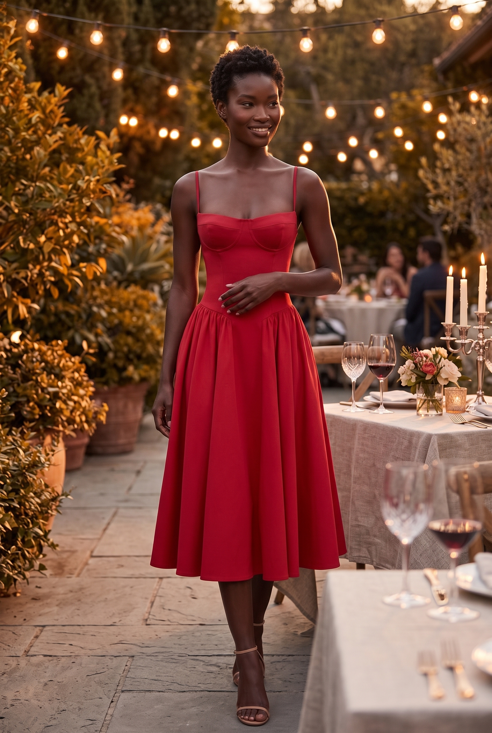 Red Twill Sweetheart Midi Dress with Pockets - Lifestyle