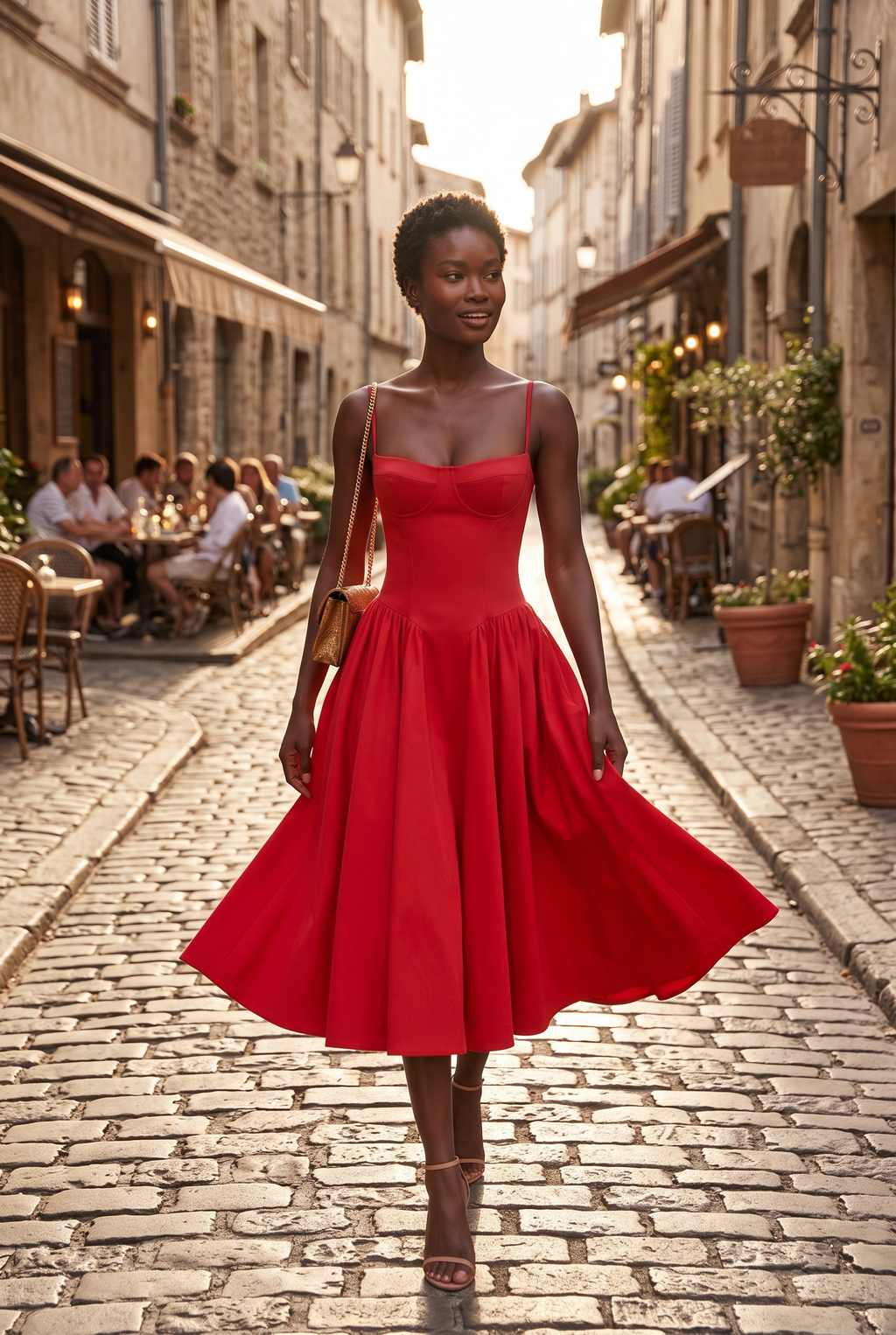 Red Twill Sweetheart Midi Dress with Pockets - Lifestyle