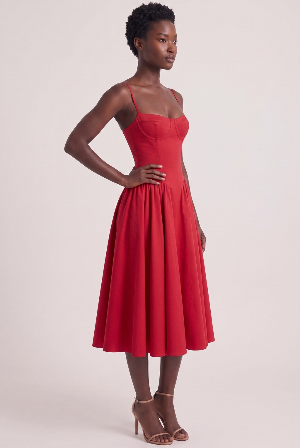 Red Twill Sweetheart Midi Dress with Pockets - Side View