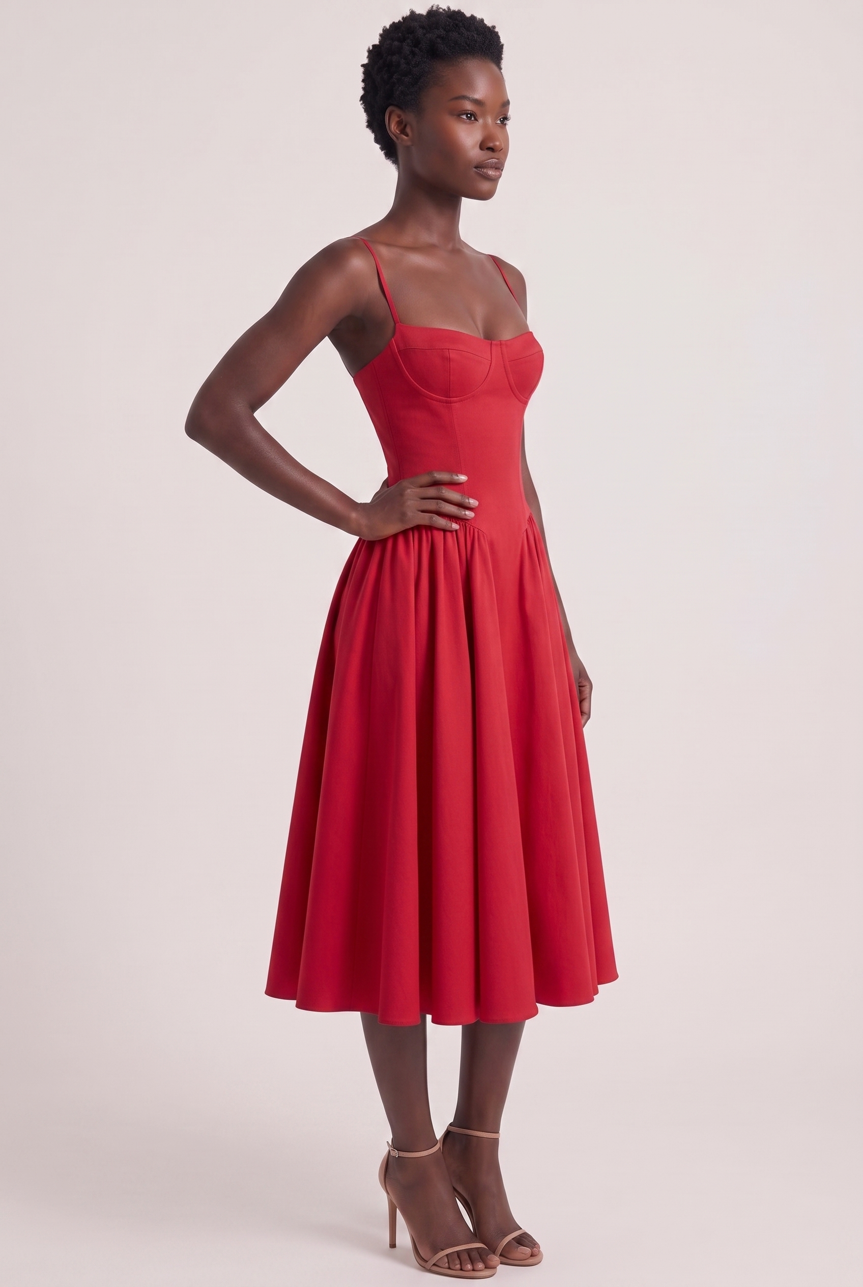 Red Twill Sweetheart Midi Dress with Pockets - Side View