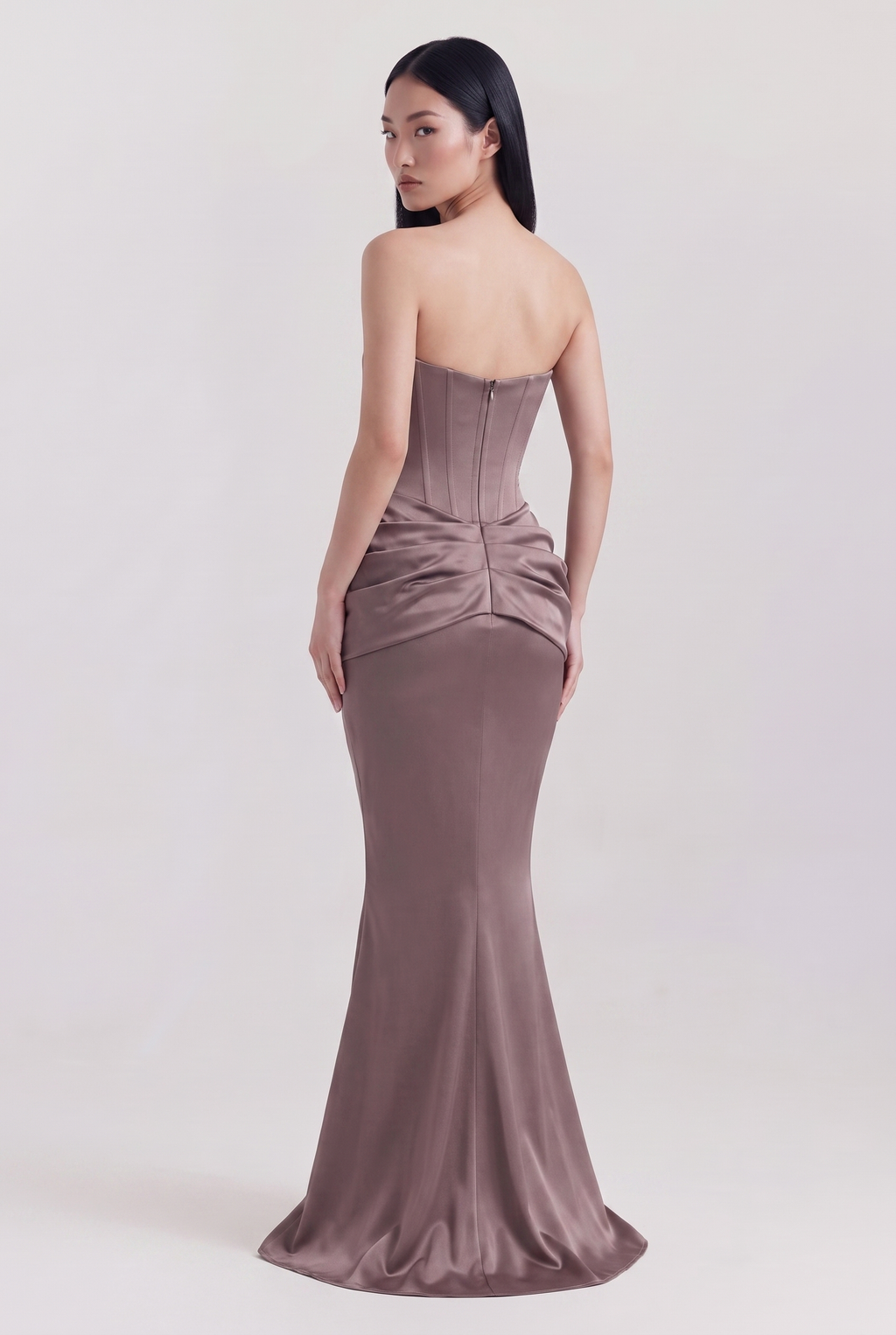 Smoke Grey Strapless Corset Maxi Dress with Draped Satin Skirt - Back View
