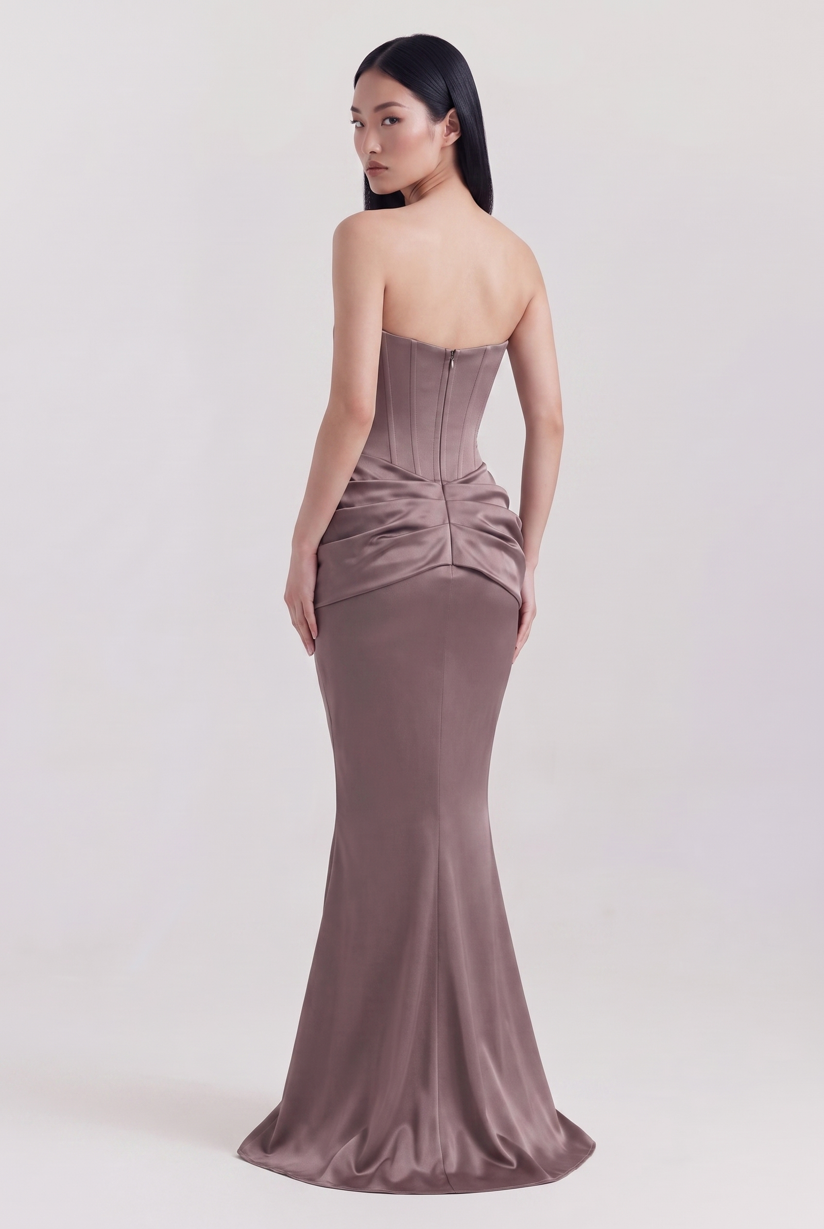 Smoke Grey Strapless Corset Maxi Dress with Draped Satin Skirt - Back View