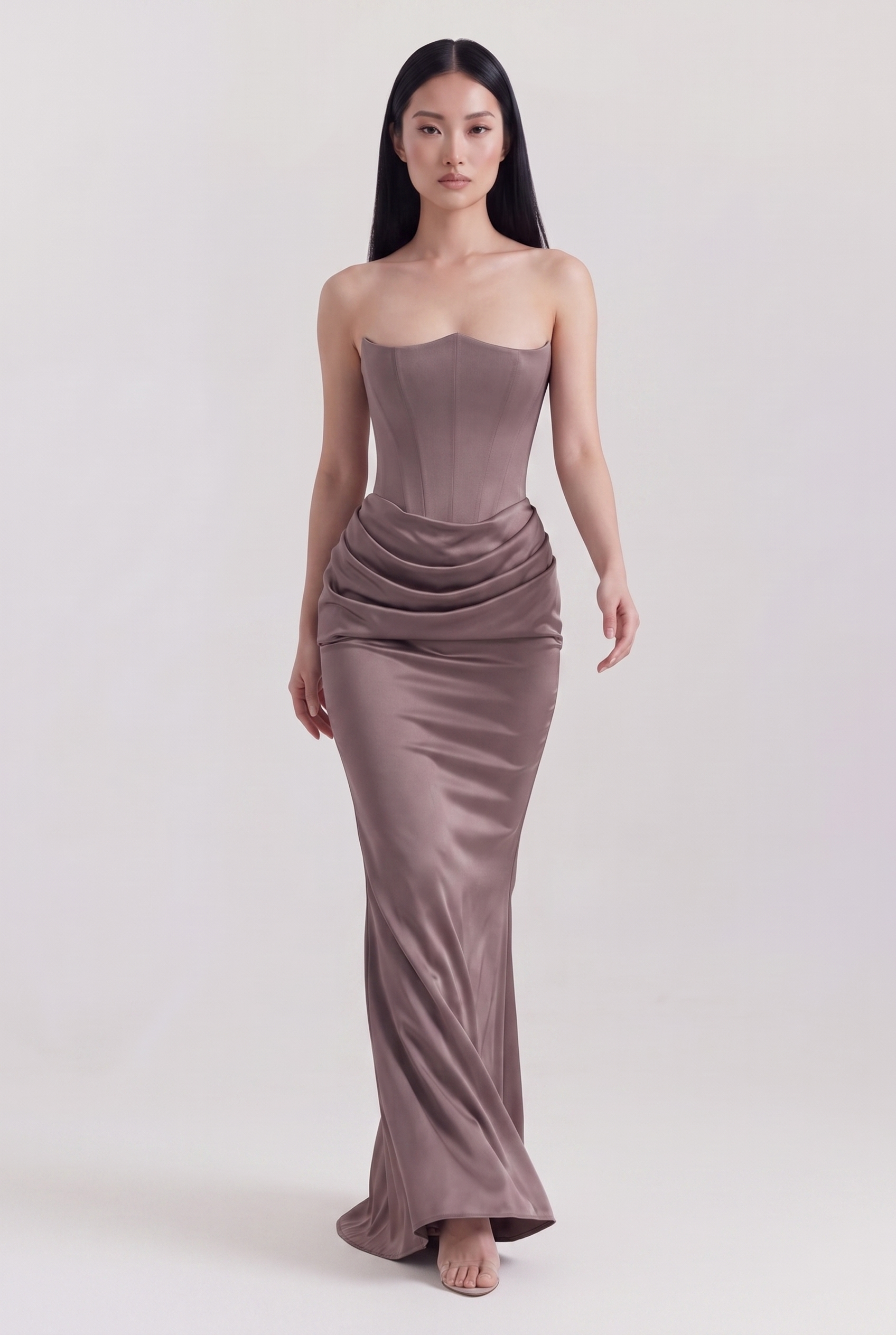 Smoke Grey Strapless Corset Maxi Dress with Draped Satin Skirt - Front View