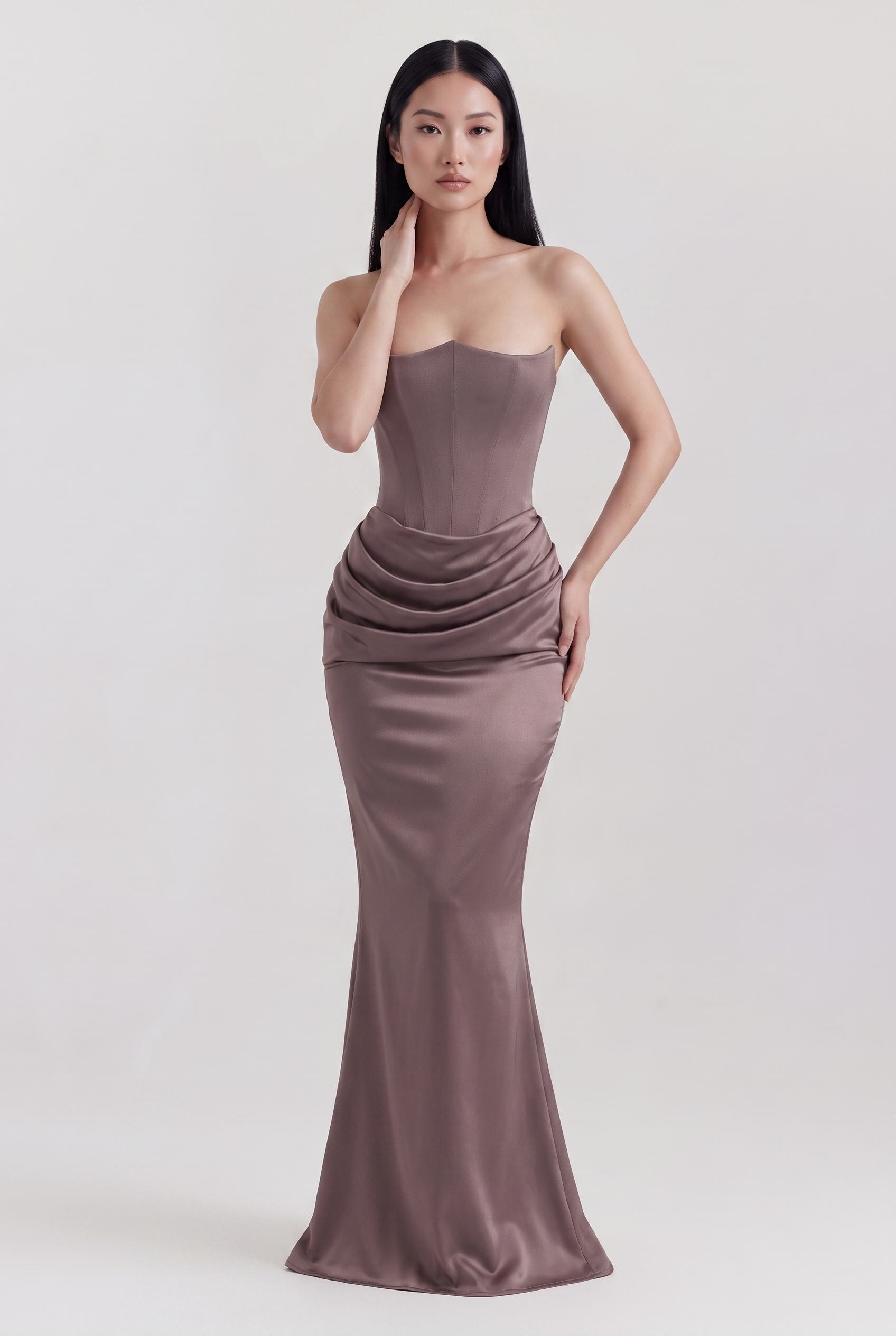 Smoke Grey Strapless Corset Maxi Dress with Draped Satin Skirt - Front View