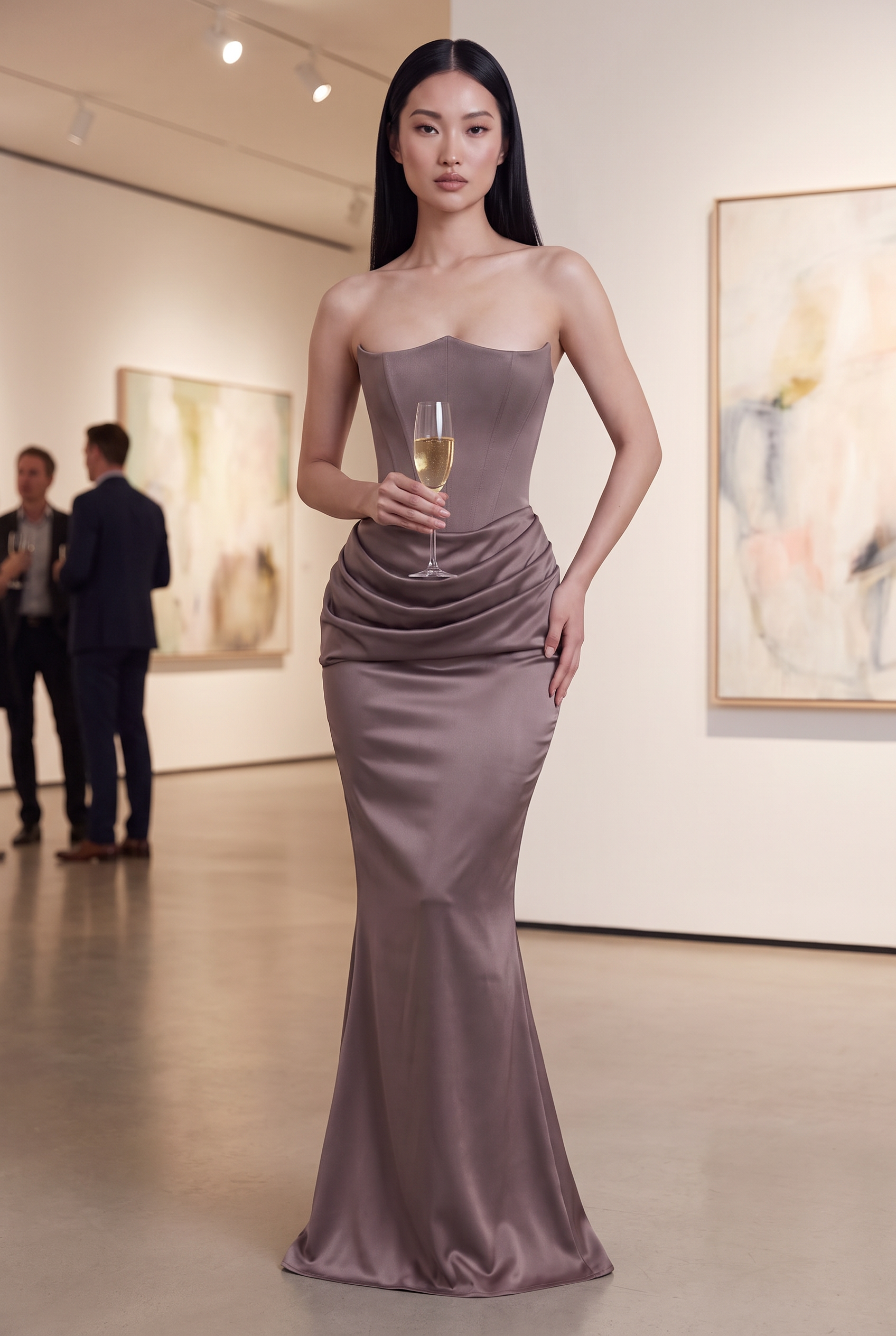 Smoke Grey Strapless Corset Maxi Dress with Draped Satin Skirt - Lifestyle