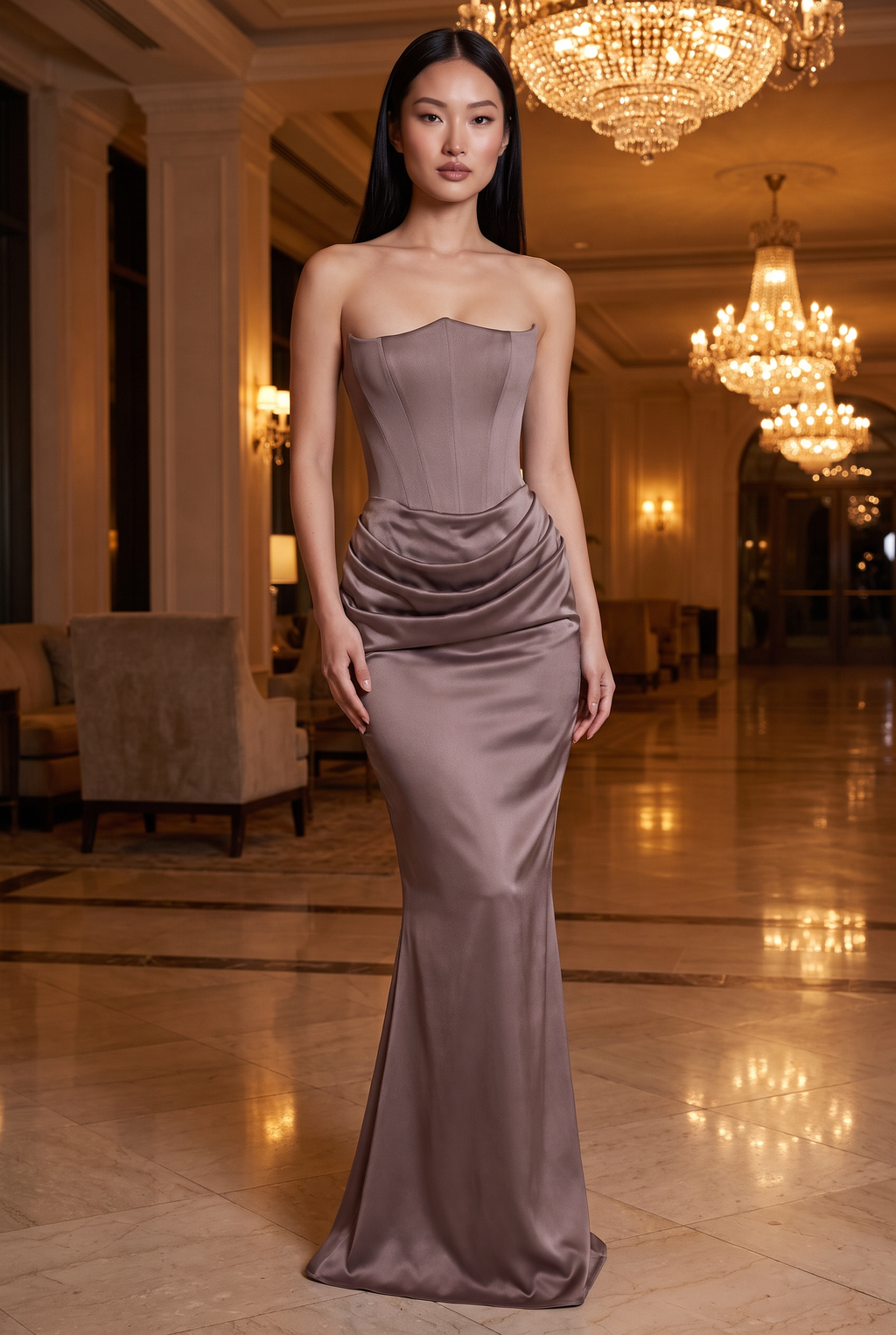 Smoke Grey Strapless Corset Maxi Dress with Draped Satin Skirt - Lifestyle
