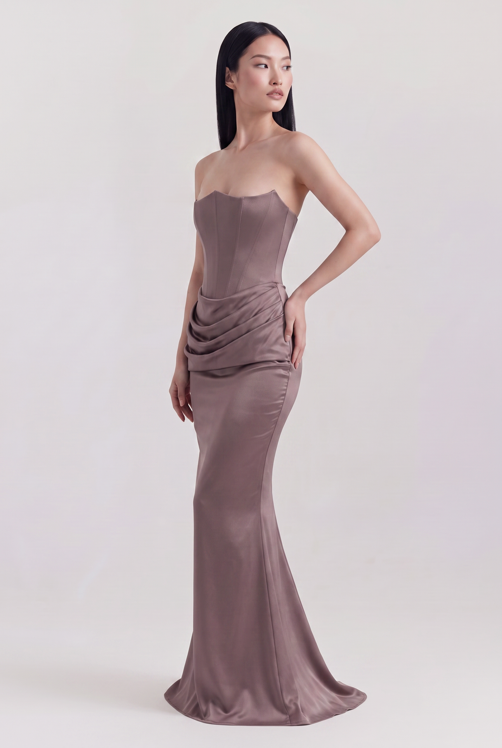 Smoke Grey Strapless Corset Maxi Dress with Draped Satin Skirt - Side View