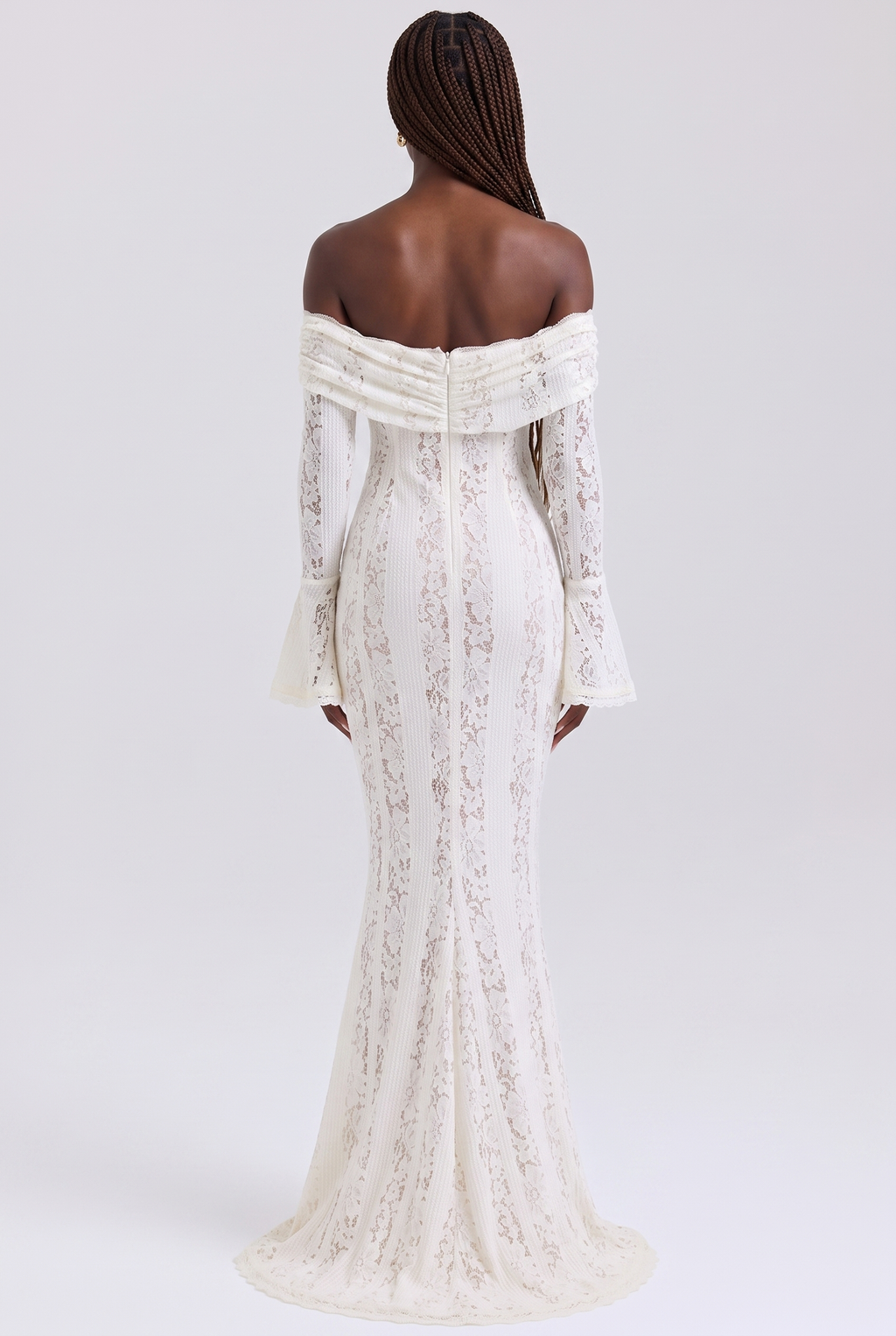 White Floral Lace Off-Shoulder Godet Maxi Dress - Back View