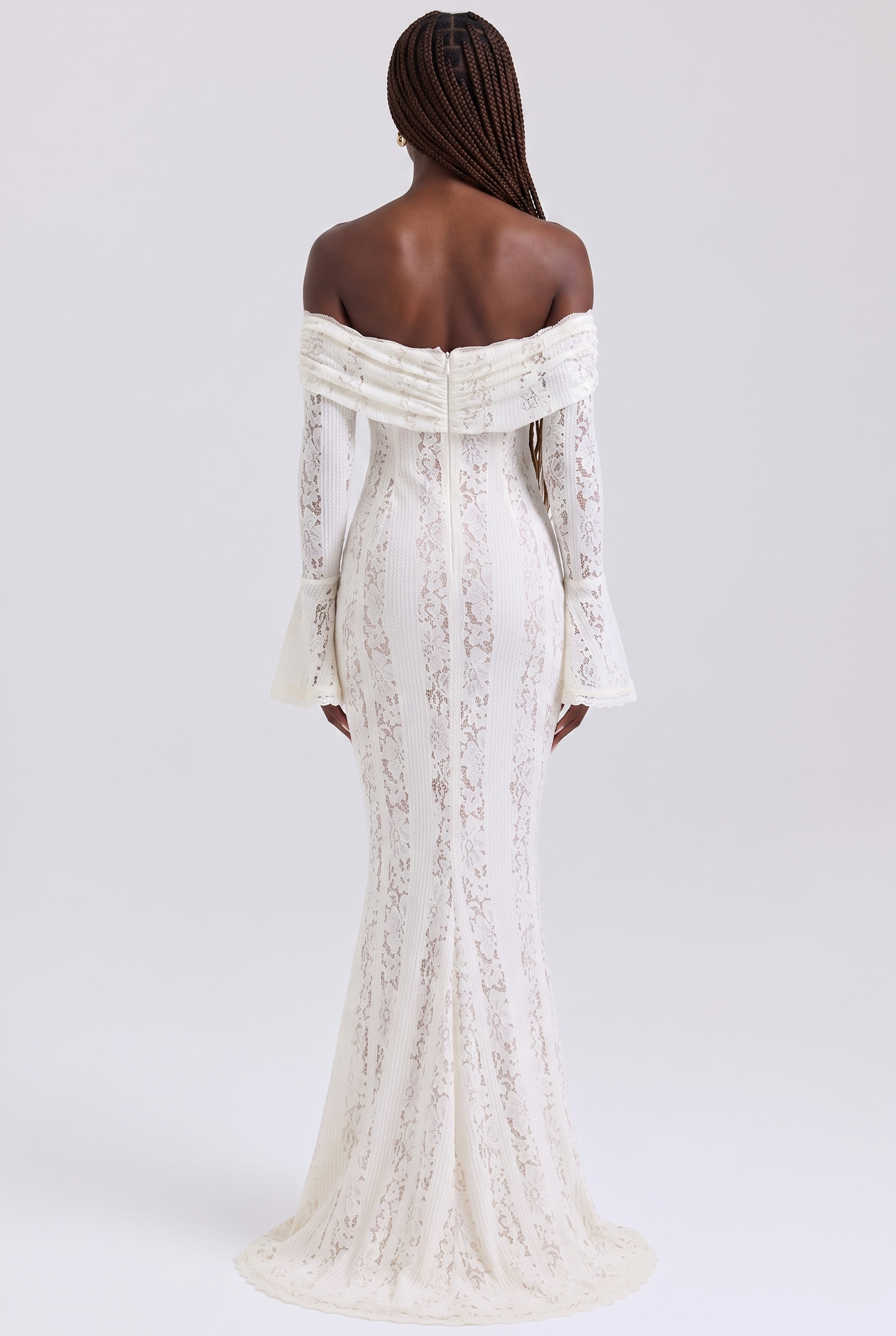 White Floral Lace Off-Shoulder Godet Maxi Dress - Back View