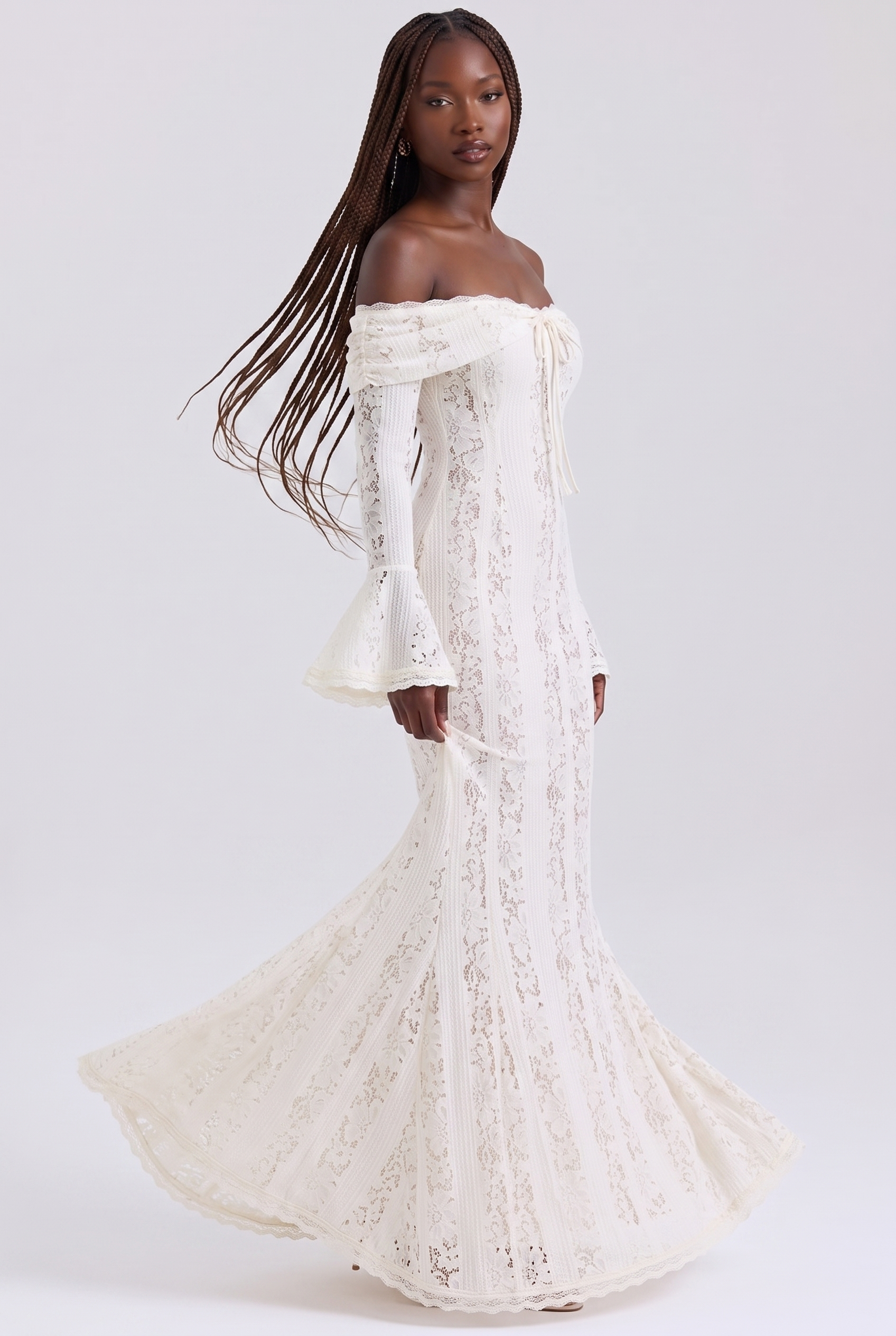 White Floral Lace Off-Shoulder Godet Maxi Dress - Front View