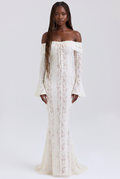 White Floral Lace Off-Shoulder Godet Maxi Dress - Front View