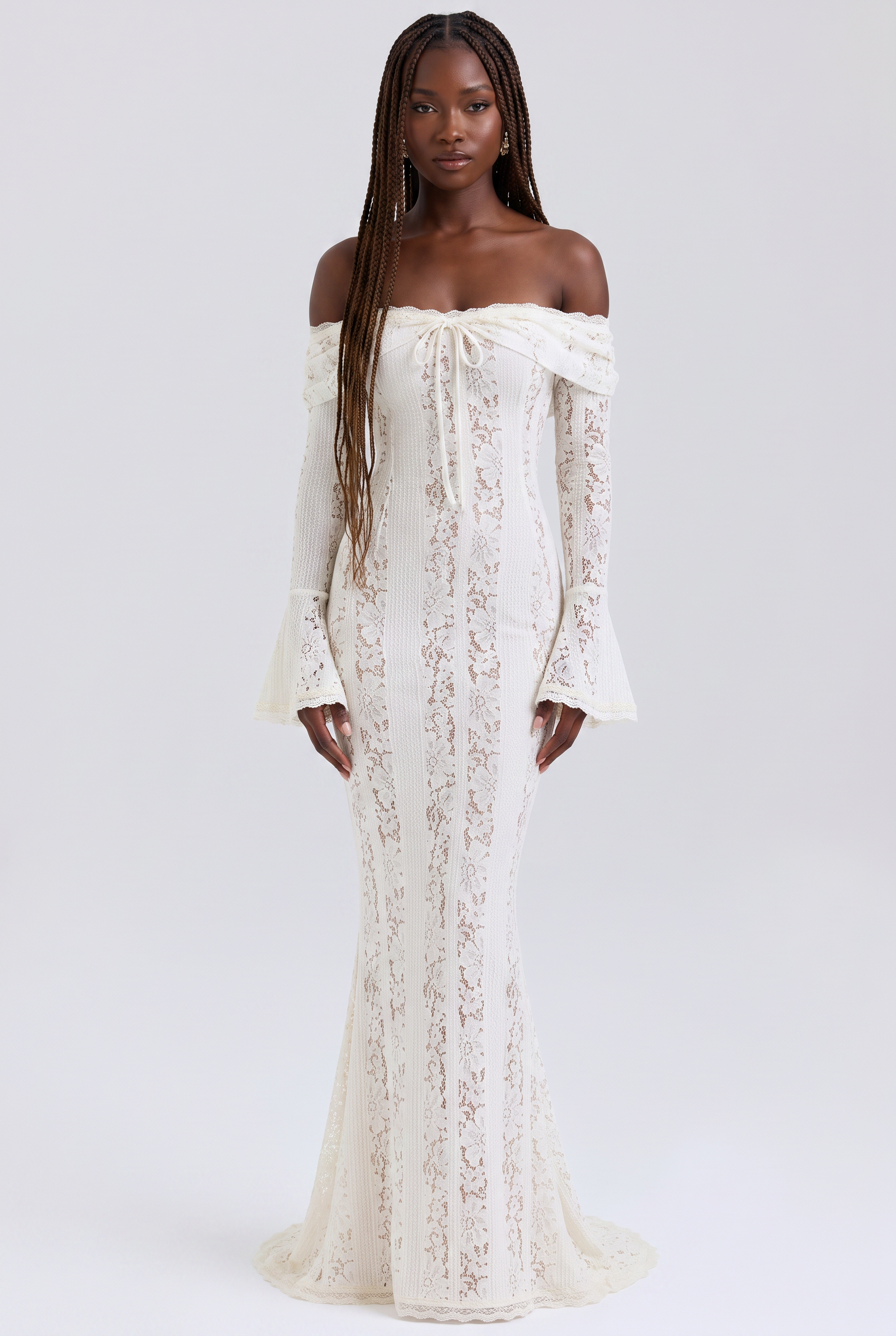 White Floral Lace Off-Shoulder Godet Maxi Dress - Front View