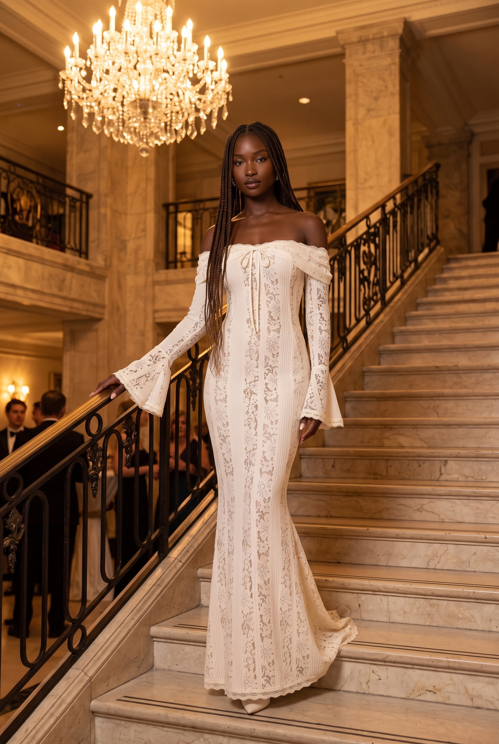 White Floral Lace Off-Shoulder Godet Maxi Dress - Lifestyle