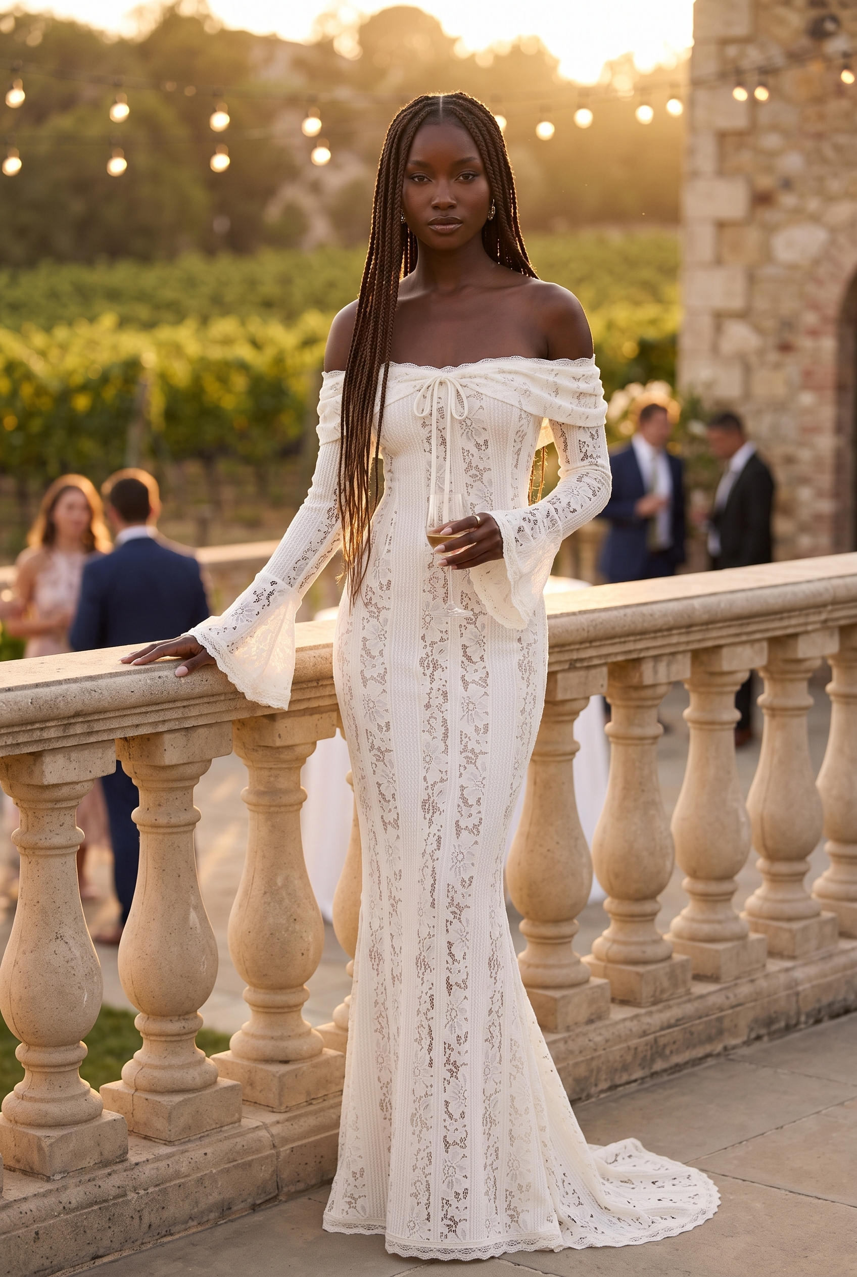 White Floral Lace Off-Shoulder Godet Maxi Dress - Lifestyle