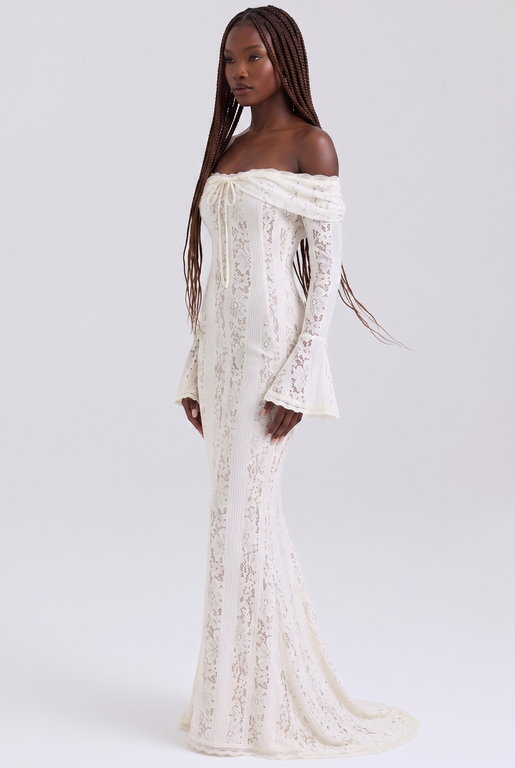 White Floral Lace Off-Shoulder Godet Maxi Dress - Side View
