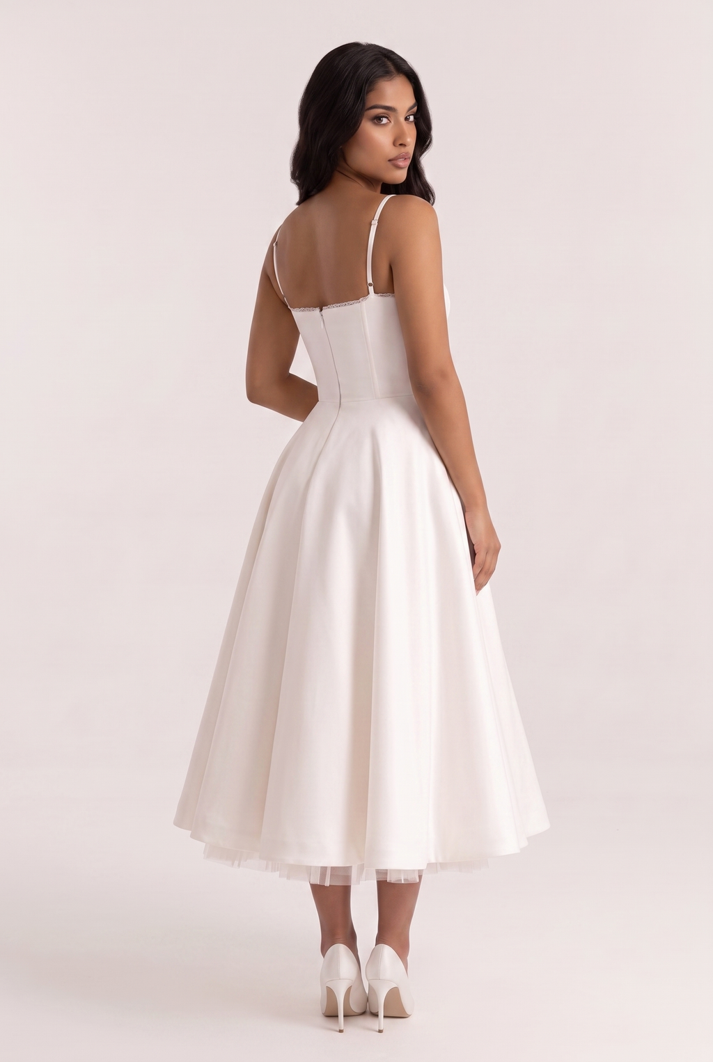 White Satin Bustier Midi Dress with Tulle Hem - Back View