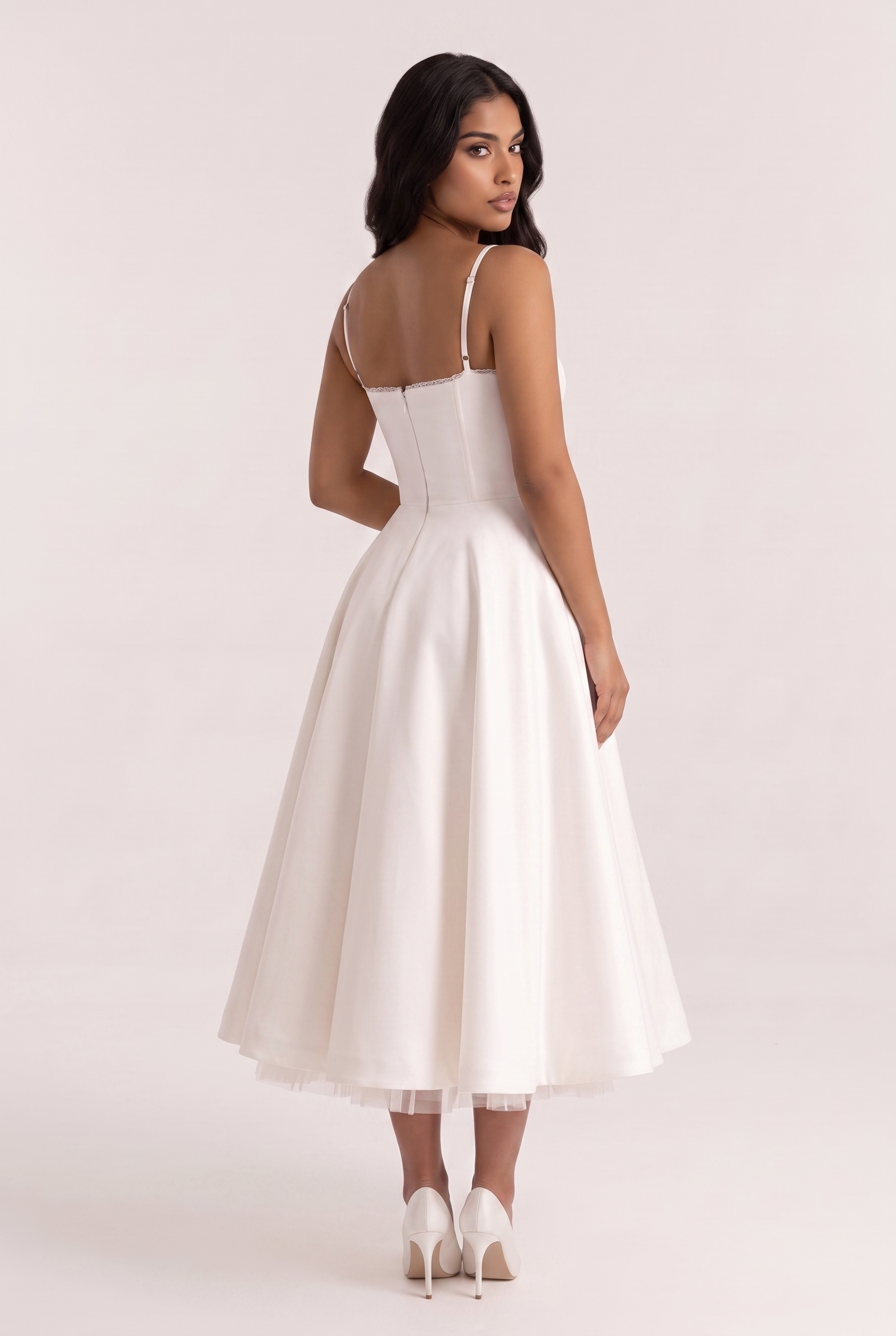 White Satin Bustier Midi Dress with Tulle Hem - Back View
