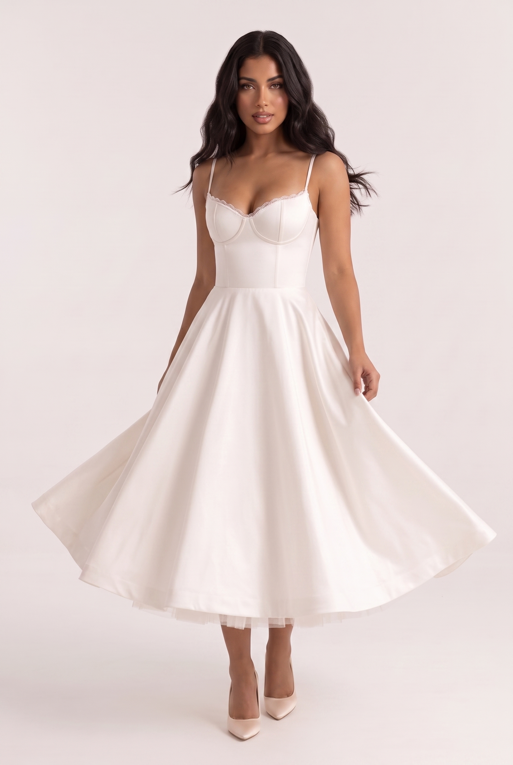 White Satin Bustier Midi Dress with Tulle Hem - Front View
