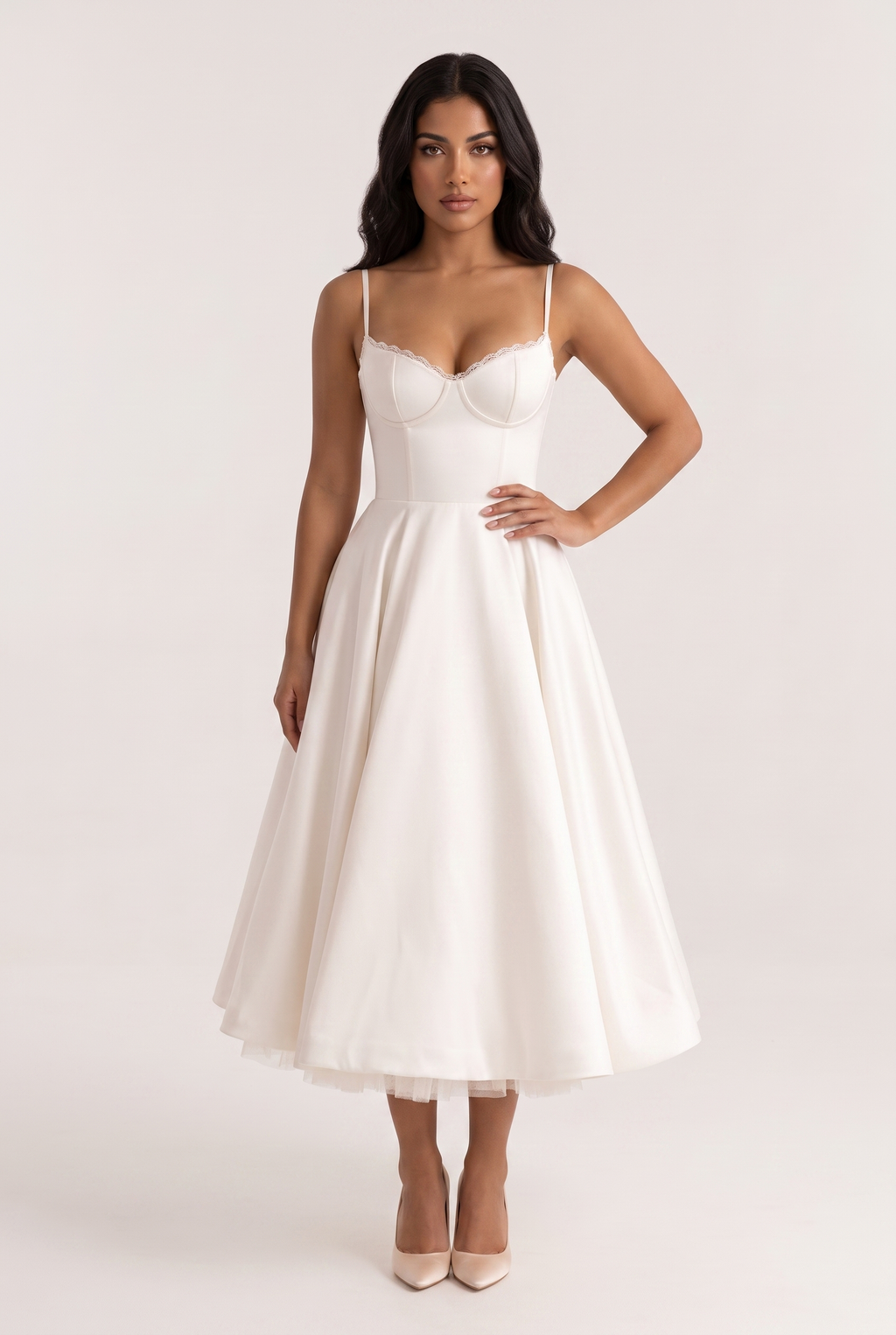 White Satin Bustier Midi Dress with Tulle Hem - Front View