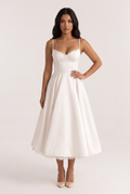 White Satin Bustier Midi Dress with Tulle Hem - Front View