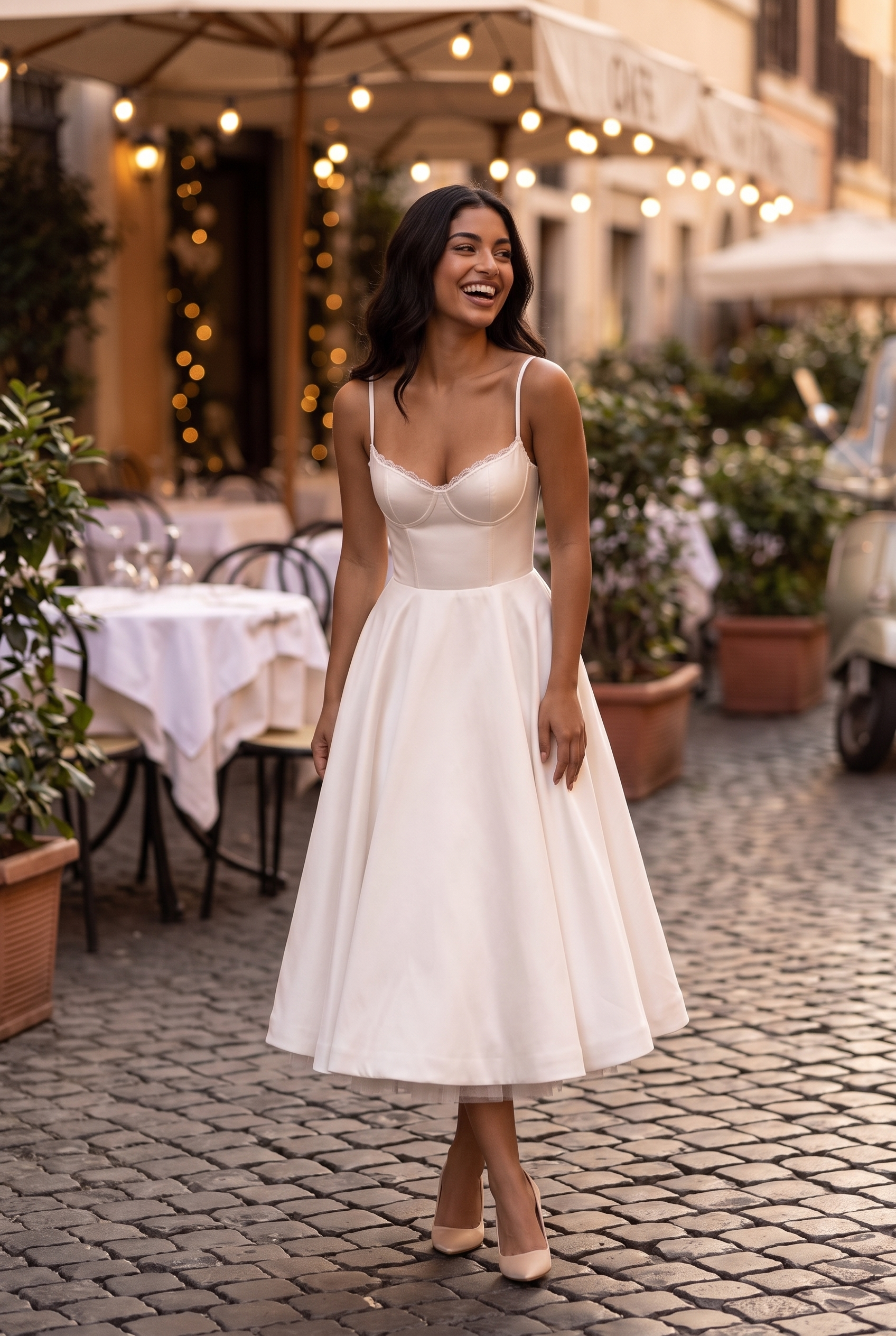 White Satin Bustier Midi Dress with Tulle Hem - Lifestyle