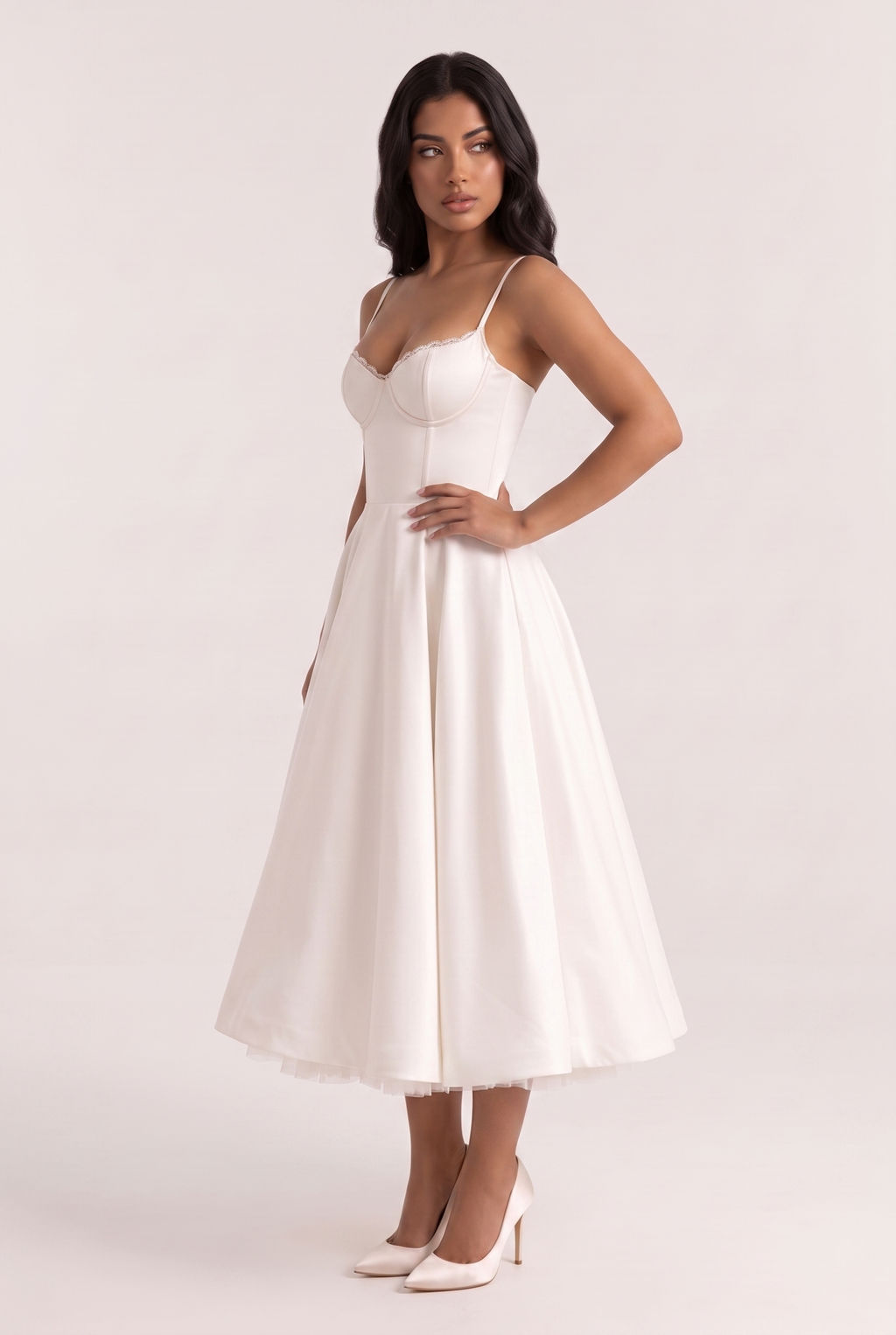White Satin Bustier Midi Dress with Tulle Hem - Side View