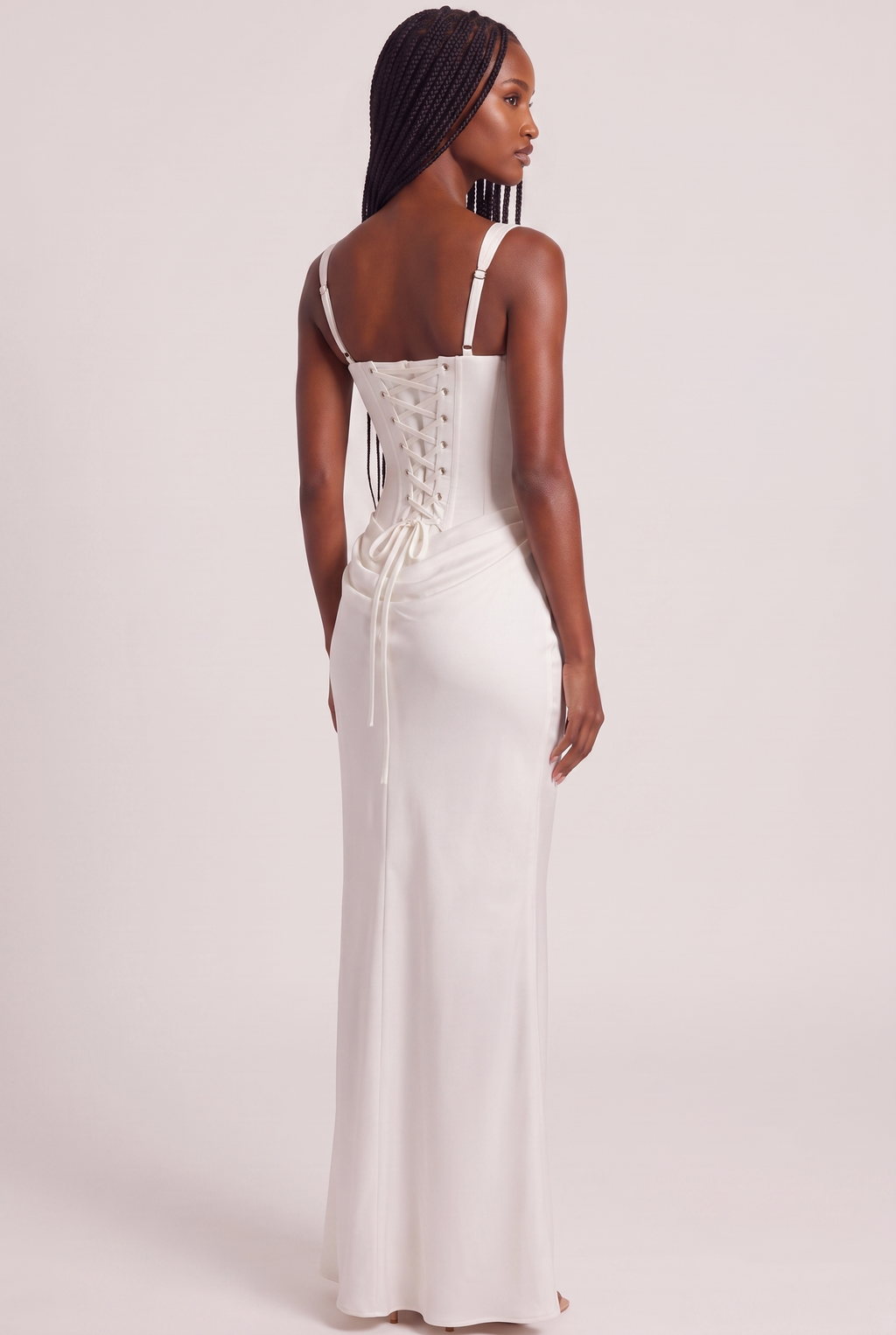 White Satin Corset Column Maxi Dress with Lace-Up Back - Back View
