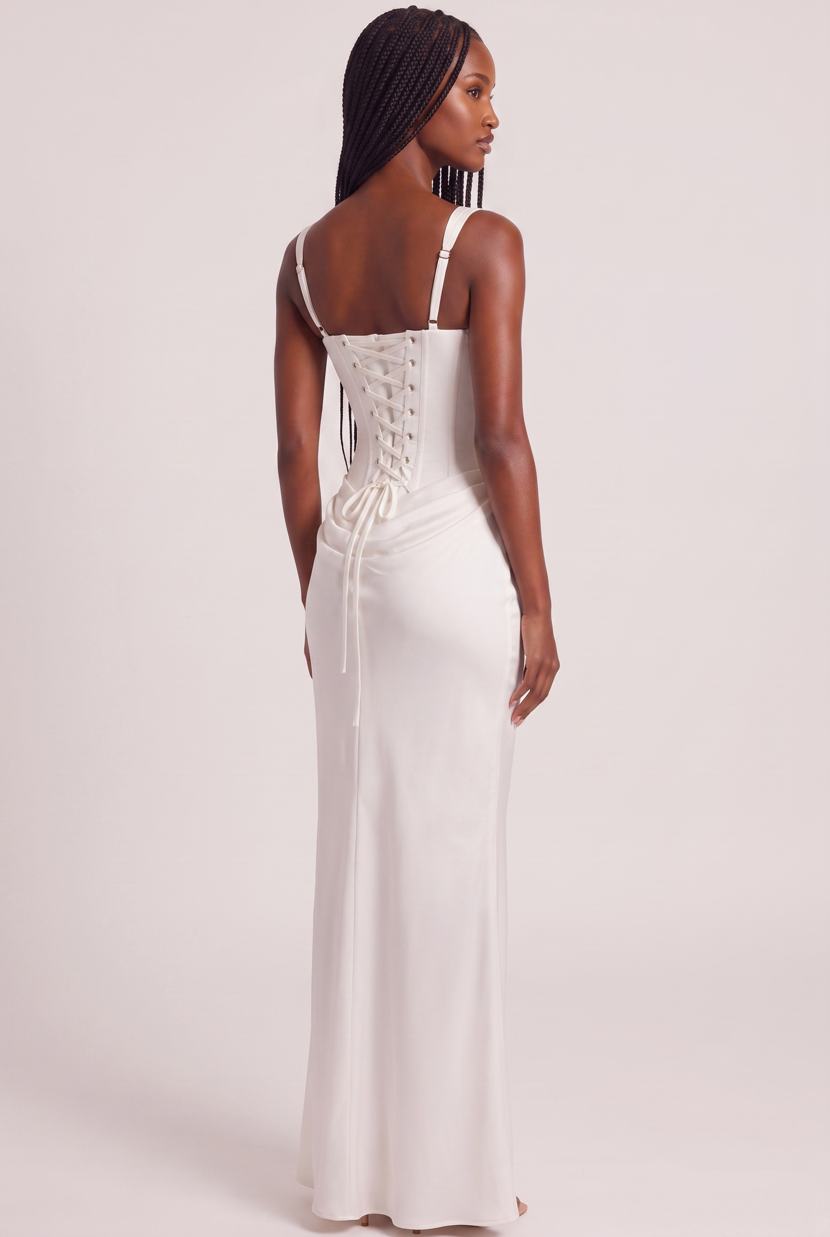 White Satin Corset Column Maxi Dress with Lace-Up Back - Back View