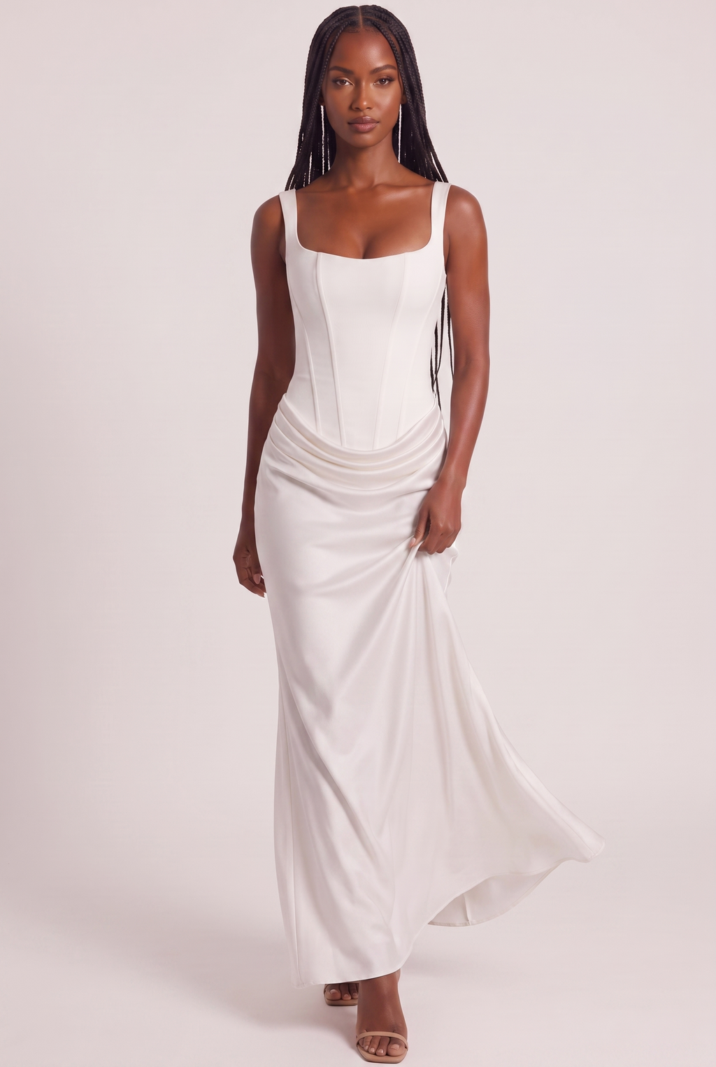 White Satin Corset Column Maxi Dress with Lace-Up Back - Front View