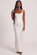 White Satin Corset Column Maxi Dress with Lace-Up Back - Front View