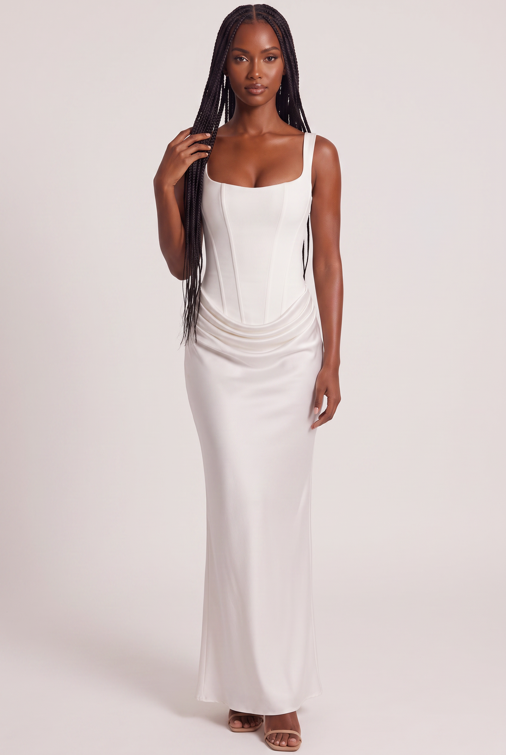 White Satin Corset Column Maxi Dress with Lace-Up Back - Front View