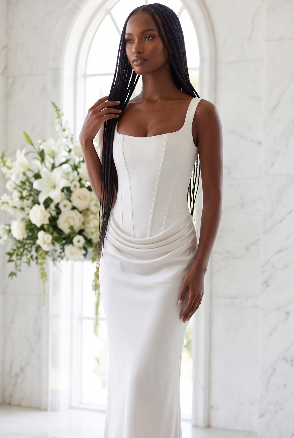 White Satin Corset Column Maxi Dress with Lace-Up Back - Lifestyle