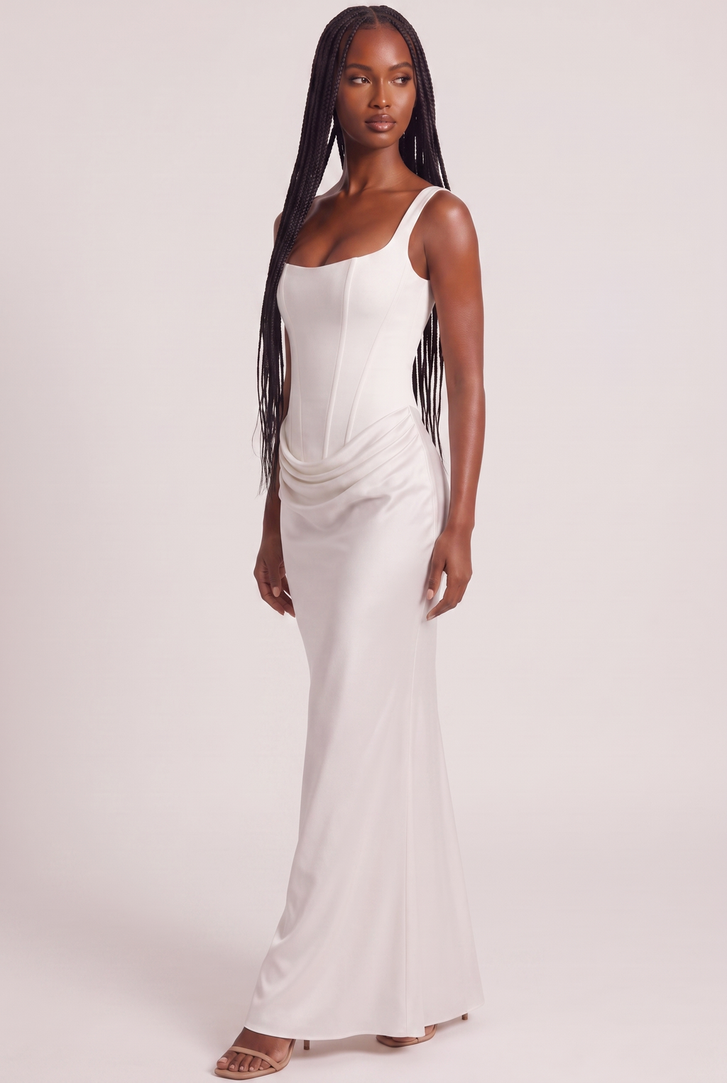 White Satin Corset Column Maxi Dress with Lace-Up Back - Side View