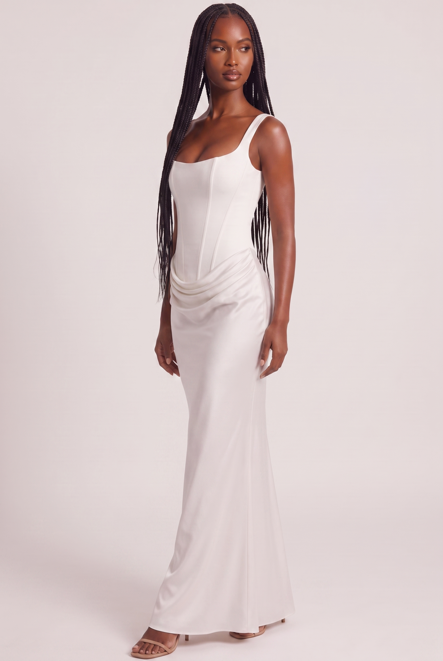 White Satin Corset Column Maxi Dress with Lace-Up Back - Side View