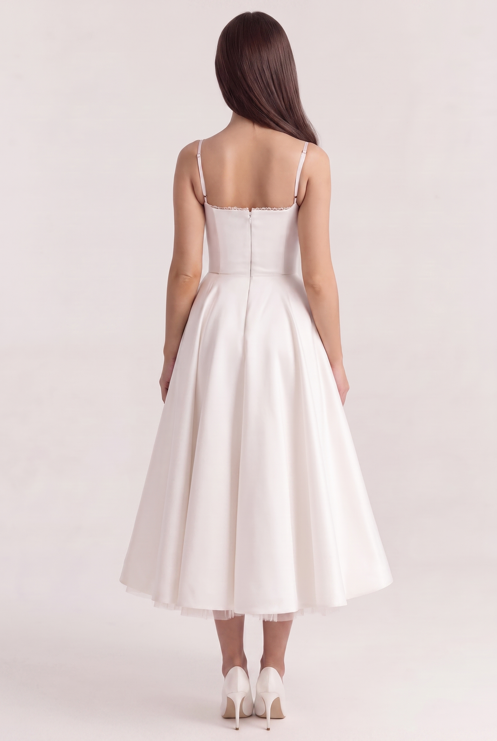 White Satin Corset Midi Dress with Tulle Hem - Back View