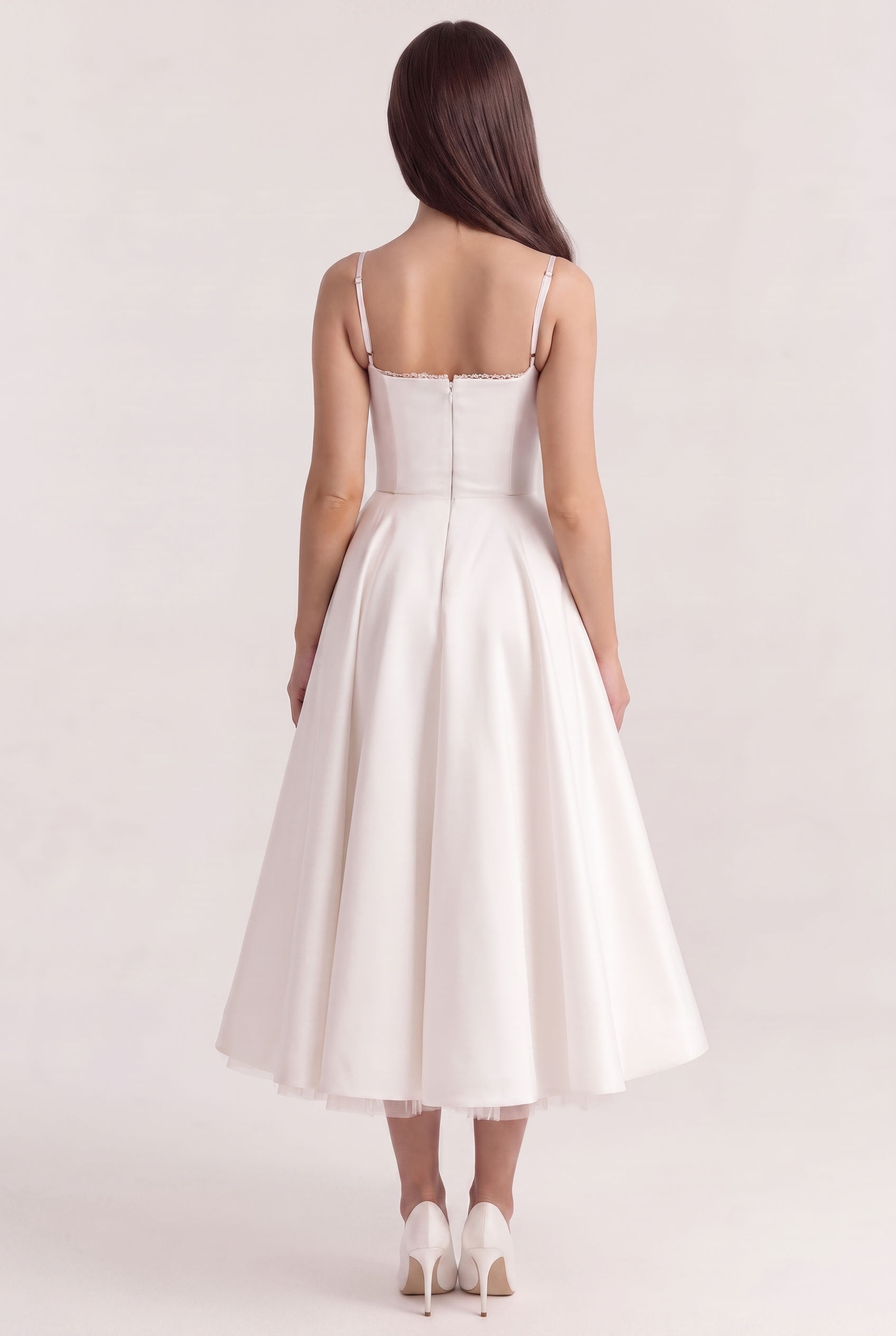 White Satin Corset Midi Dress with Tulle Hem - Back View