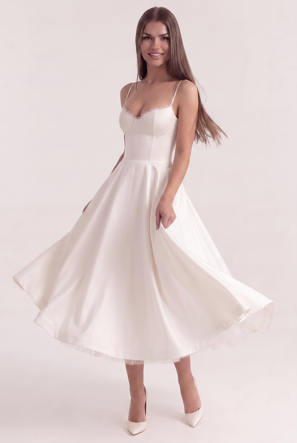 White Satin Corset Midi Dress with Tulle Hem - Front View in Motion