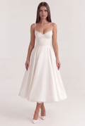 White Satin Corset Midi Dress with Tulle Hem - Front View