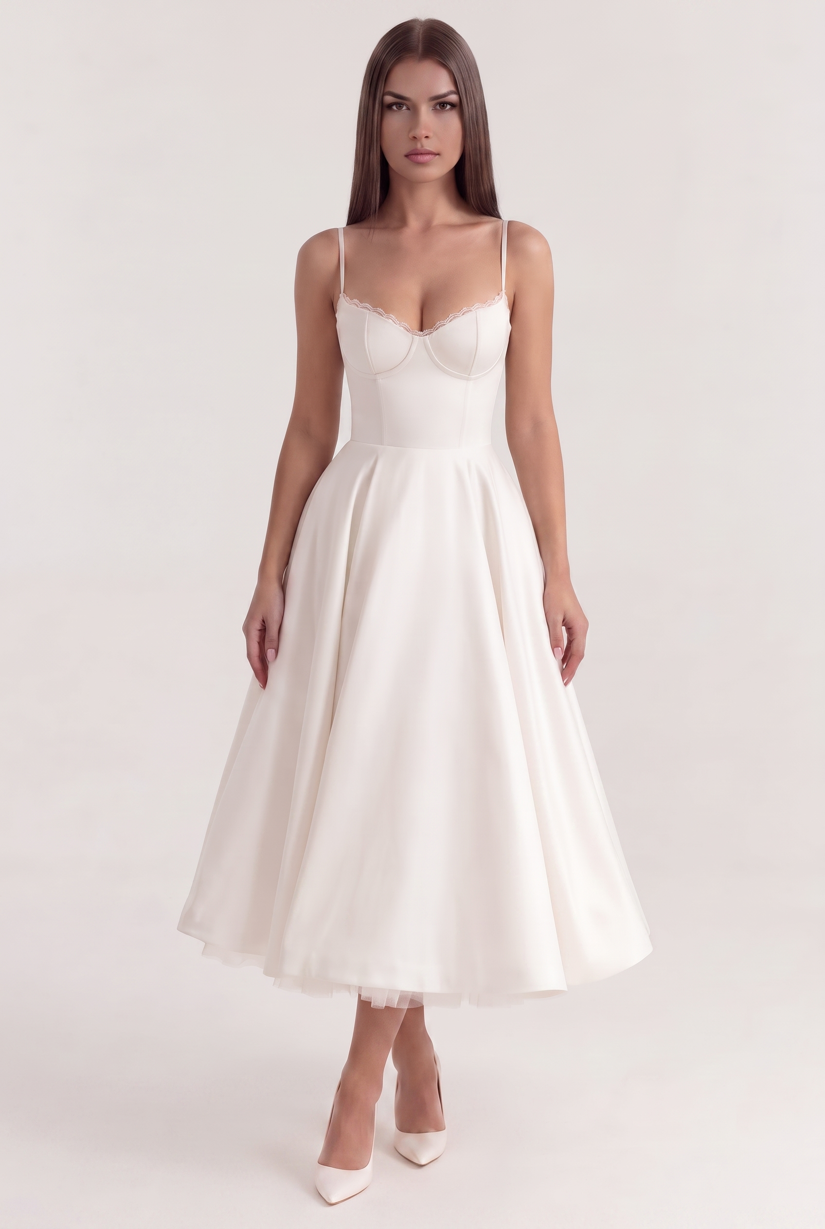 White Satin Corset Midi Dress with Tulle Hem - Front View