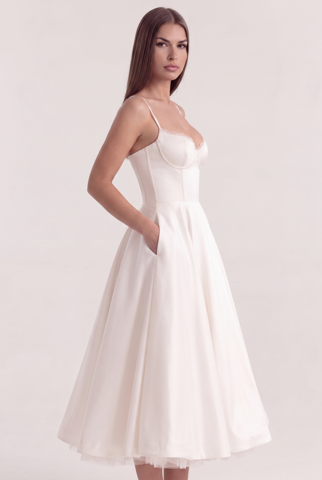 White Satin Corset Midi Dress with Tulle Hem - Side View with Pockets