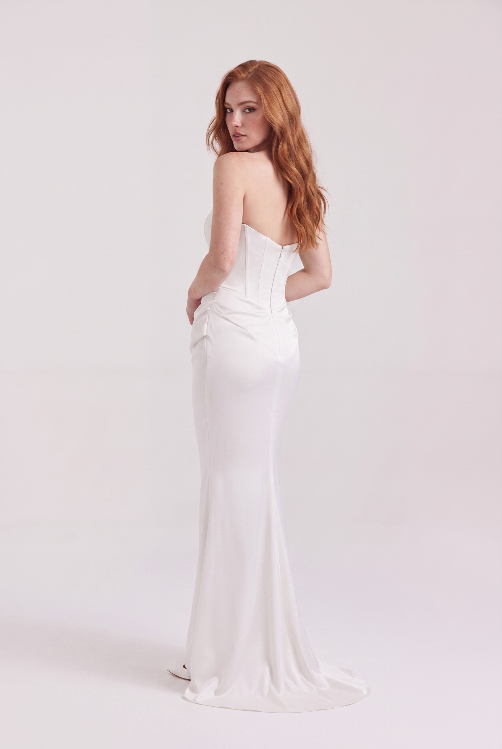 White Strapless Corset Maxi Dress with Draped Satin Skirt - Back View