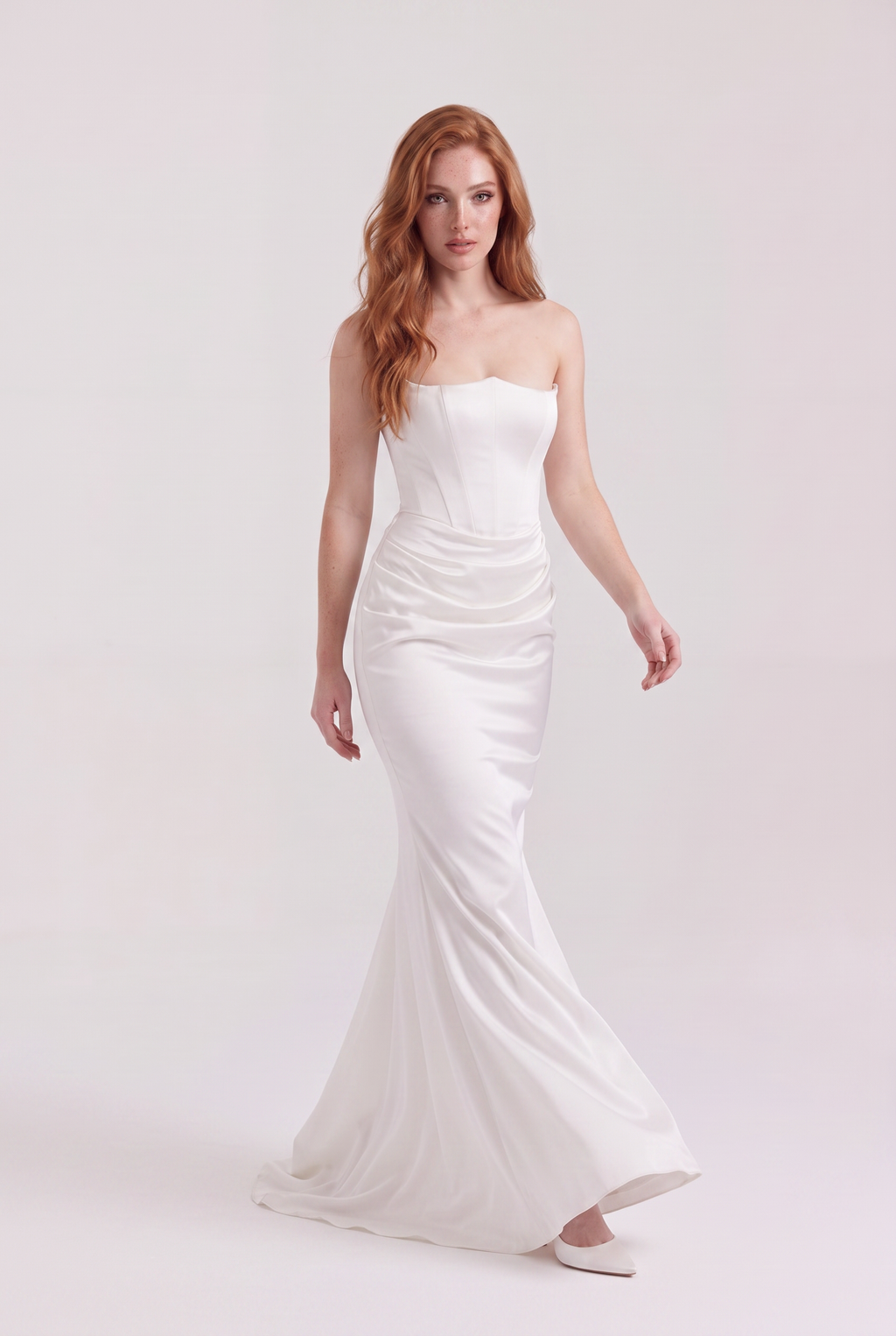 White Strapless Corset Maxi Dress with Draped Satin Skirt - Front View