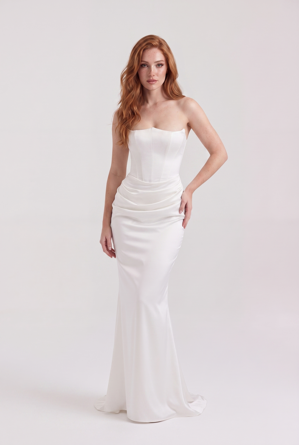 White Strapless Corset Maxi Dress with Draped Satin Skirt - Front View