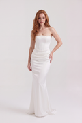 White Strapless Corset Maxi Dress with Draped Satin Skirt - Front View