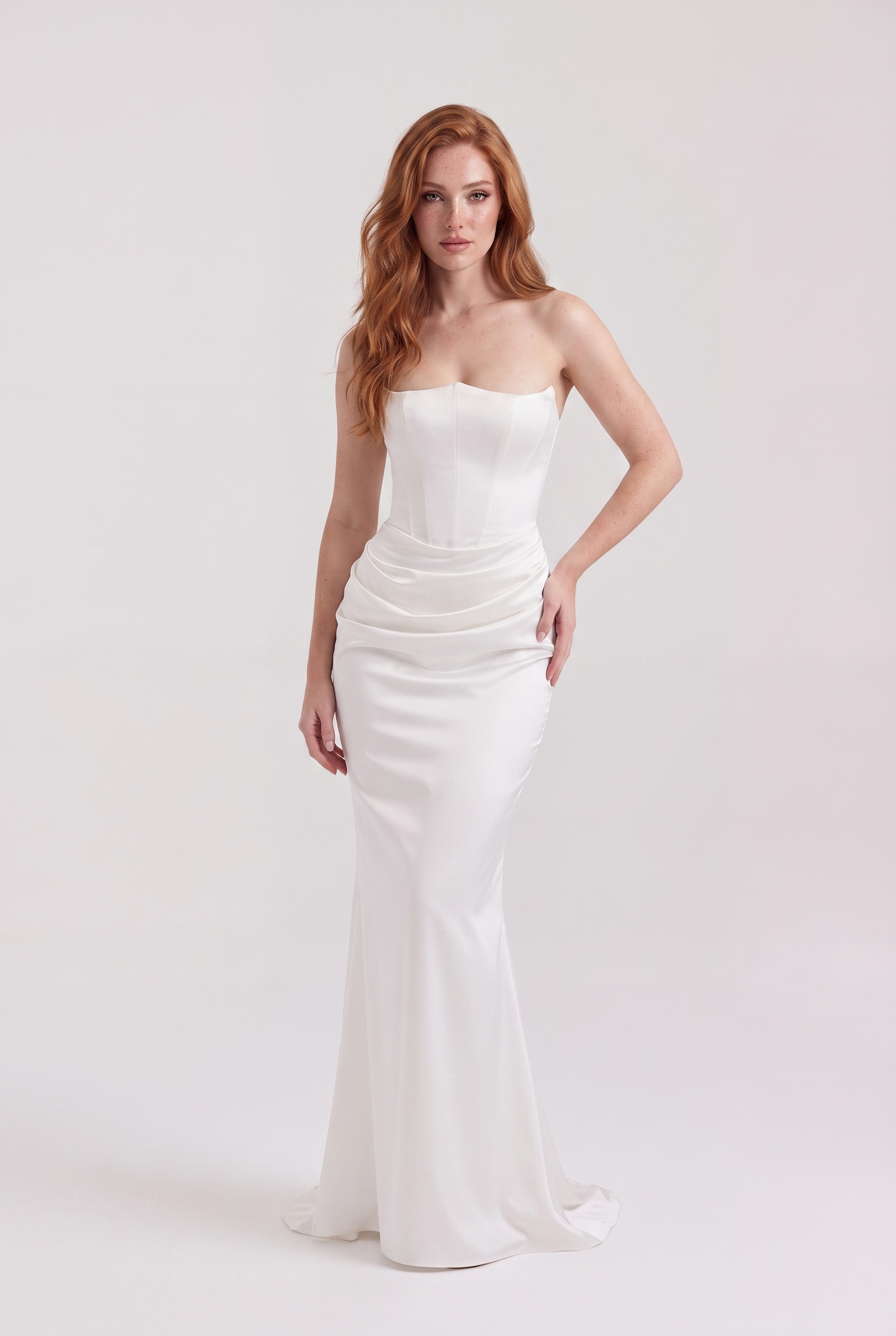 White Strapless Corset Maxi Dress with Draped Satin Skirt - Front View