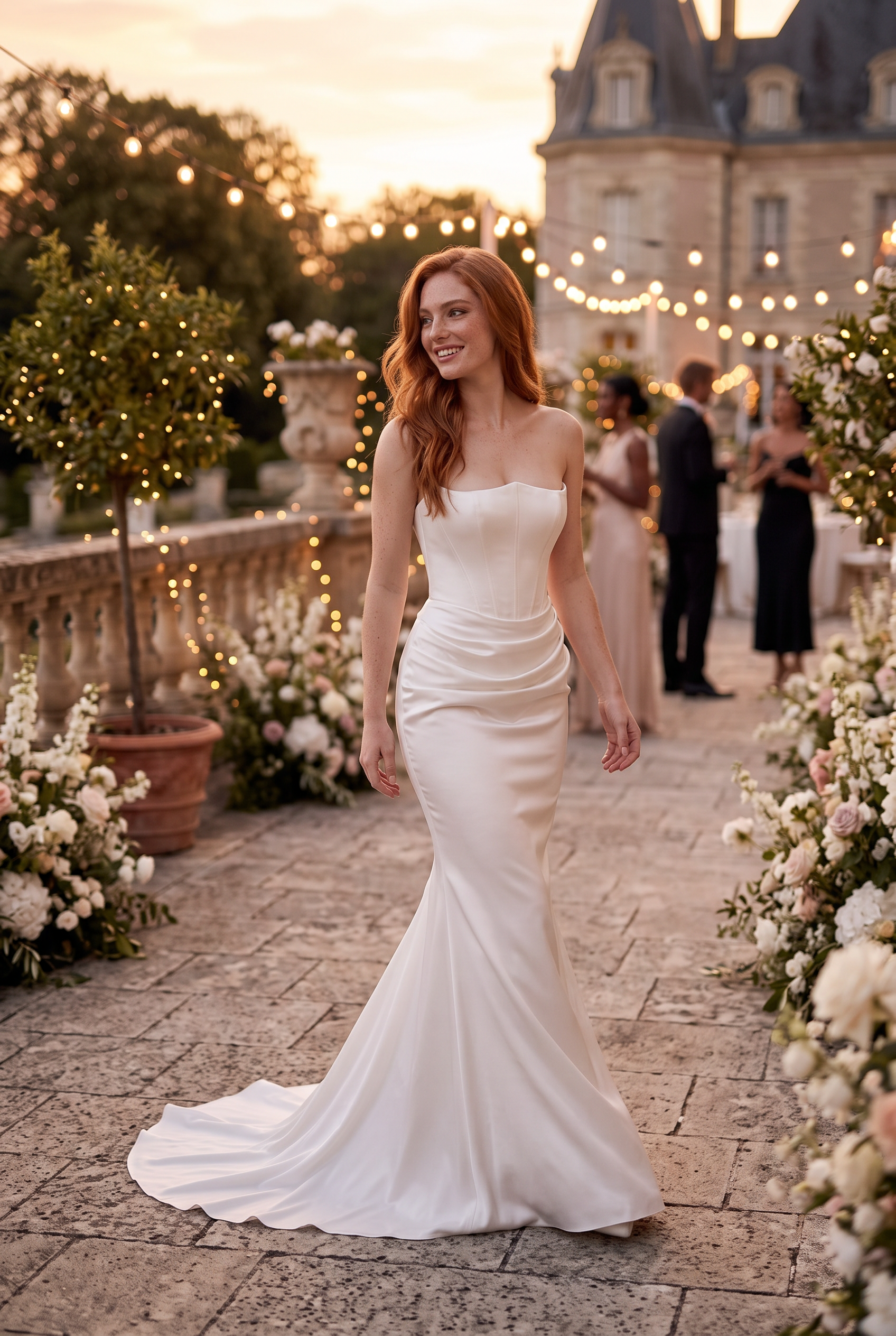 White Strapless Corset Maxi Dress with Draped Satin Skirt - Lifestyle